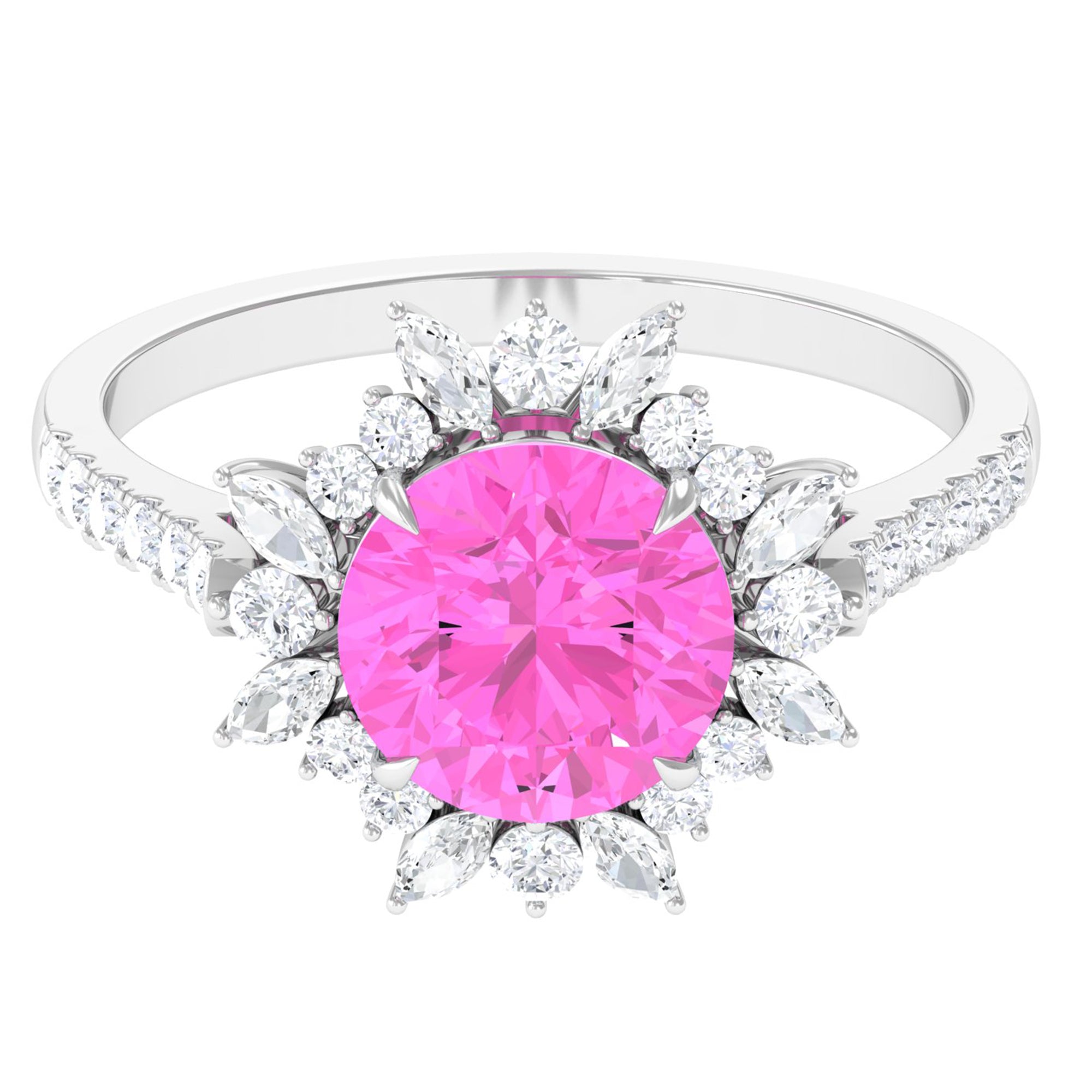 Rosec Jewels-Created Pink Sapphire Cocktail Ring with Moissanite Floral Halo