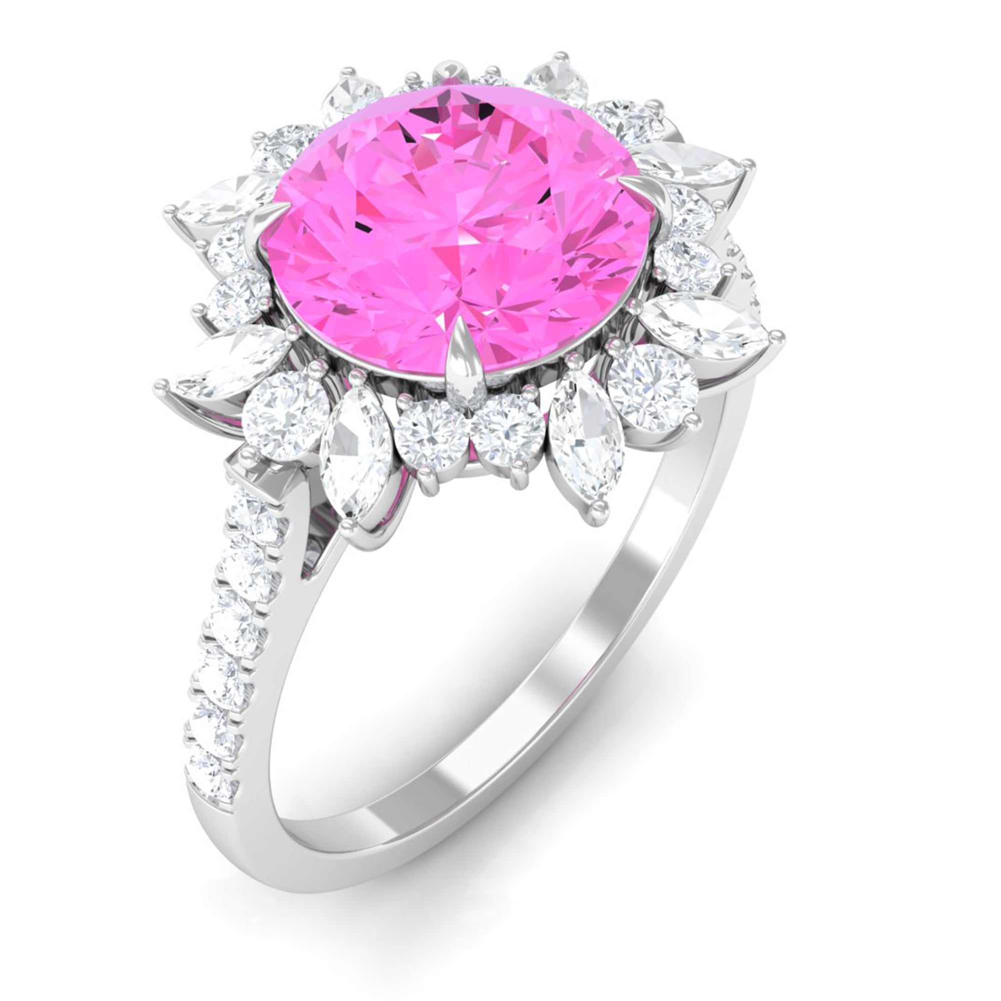 Rosec Jewels-Created Pink Sapphire Cocktail Ring with Moissanite Floral Halo