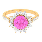 Rosec Jewels-Created Pink Sapphire Cocktail Ring with Moissanite Floral Halo