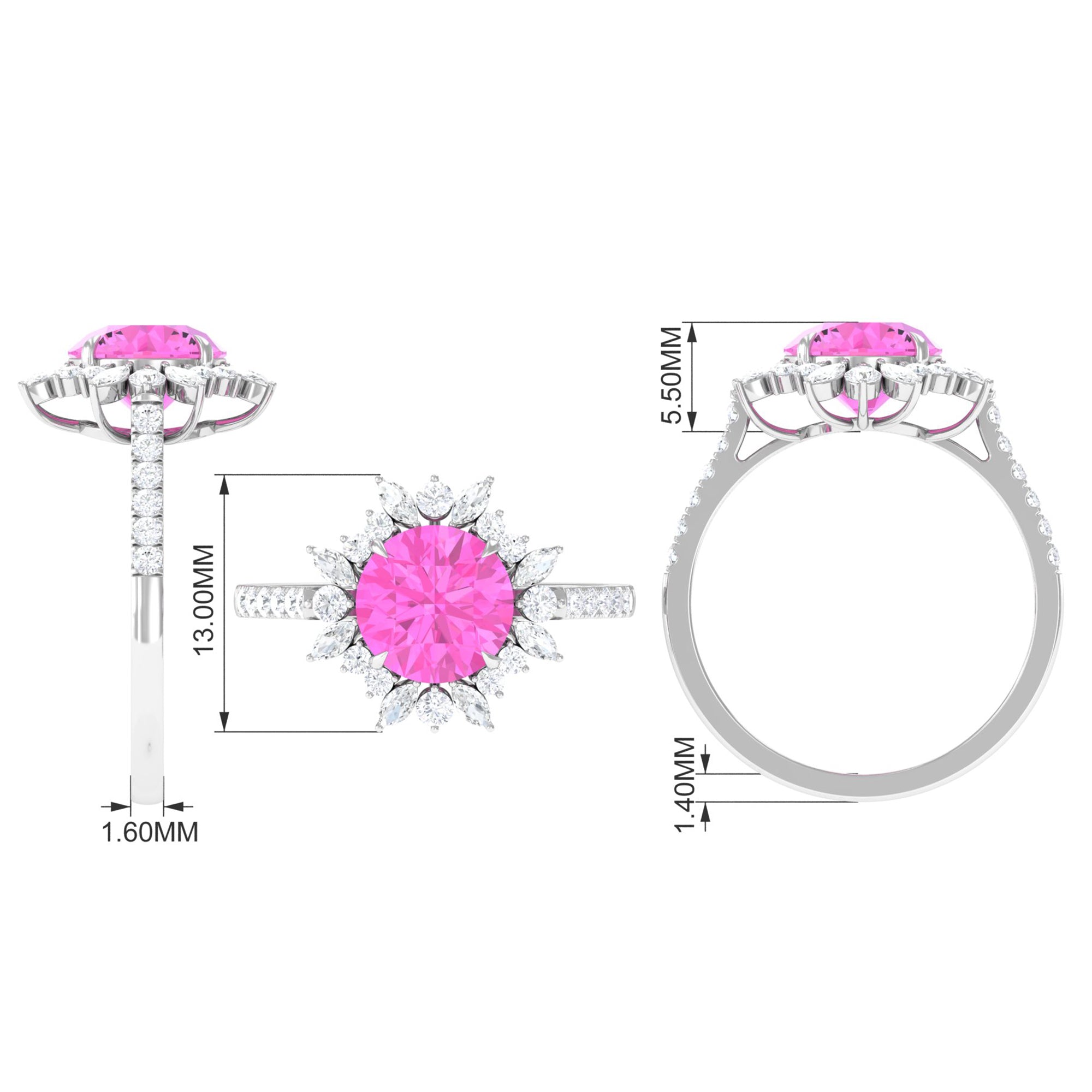 Rosec Jewels-Created Pink Sapphire Cocktail Ring with Moissanite Floral Halo