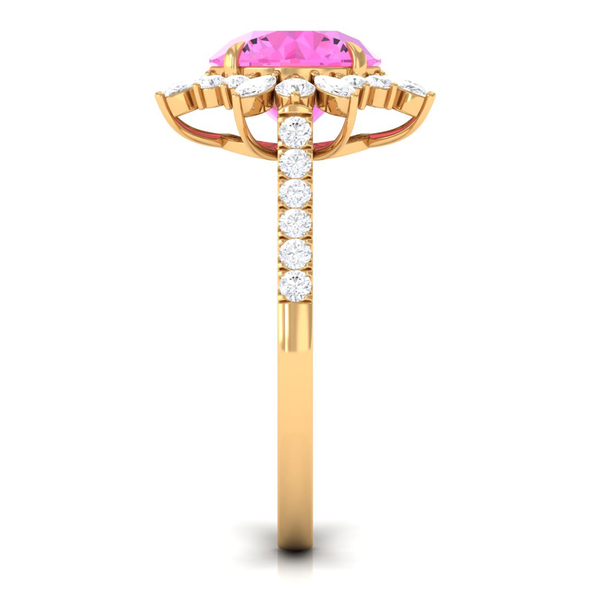 Rosec Jewels-Created Pink Sapphire Cocktail Ring with Moissanite Floral Halo