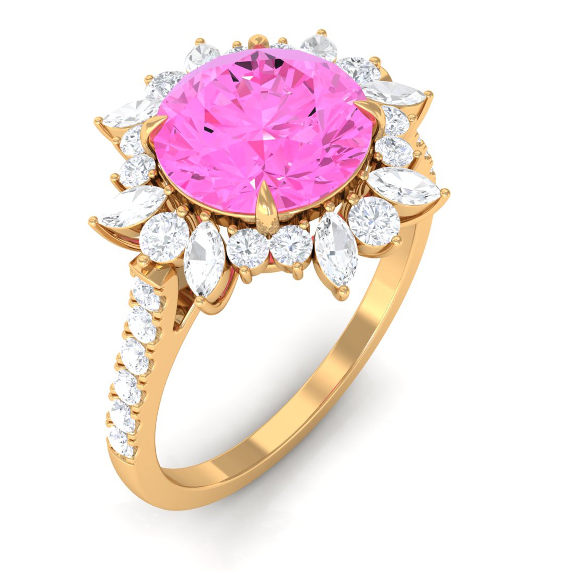 Rosec Jewels-Created Pink Sapphire Cocktail Ring with Moissanite Floral Halo