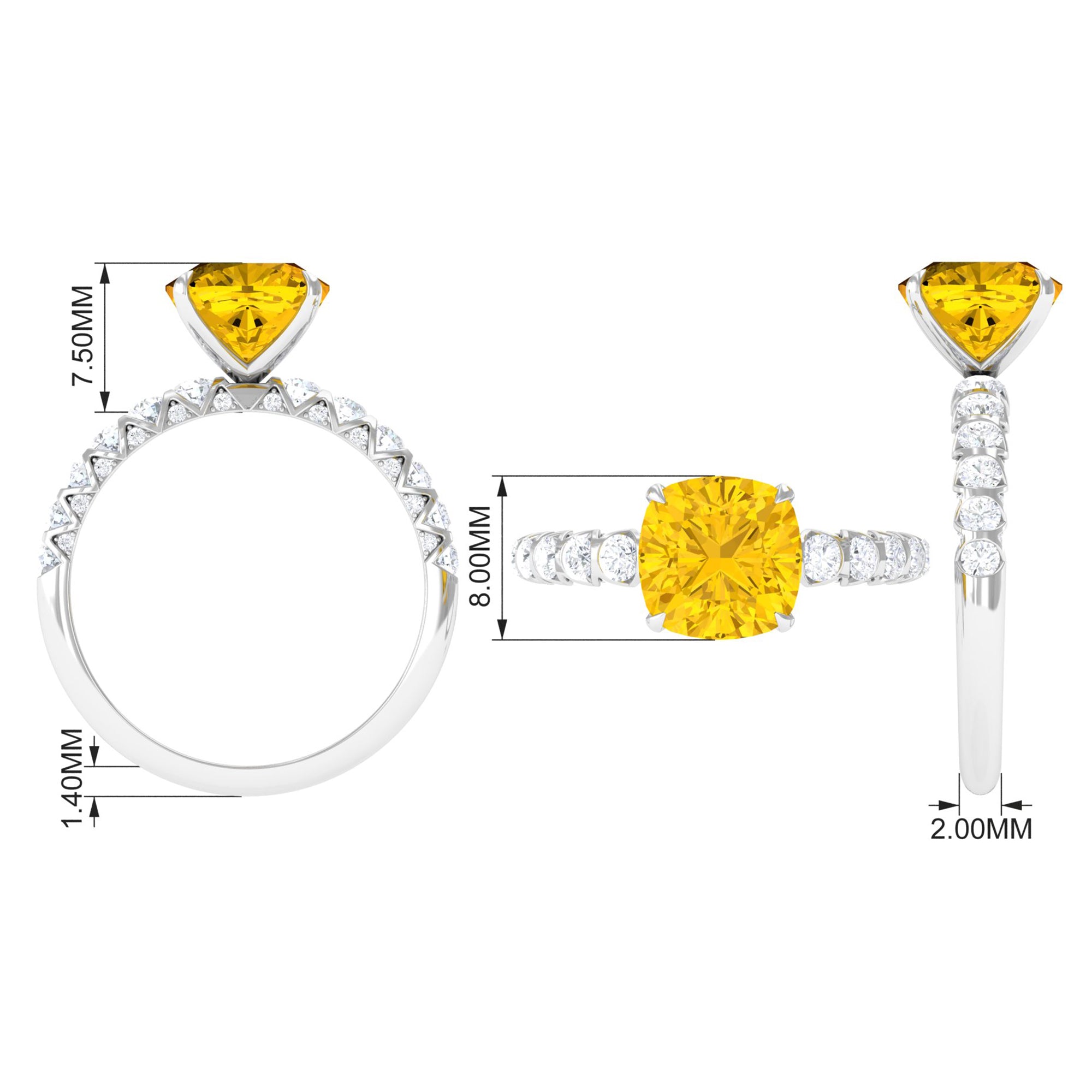 Rosec Jewels-Cushion Cut Created Yellow Sapphire Engagement Ring with Moissanite