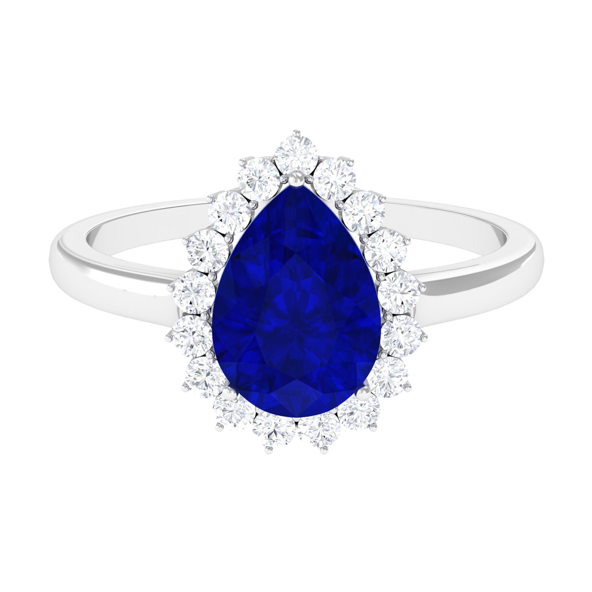 Rosec Jewels-Created Blue Sapphire and Diamond Halo Teardrop Ring