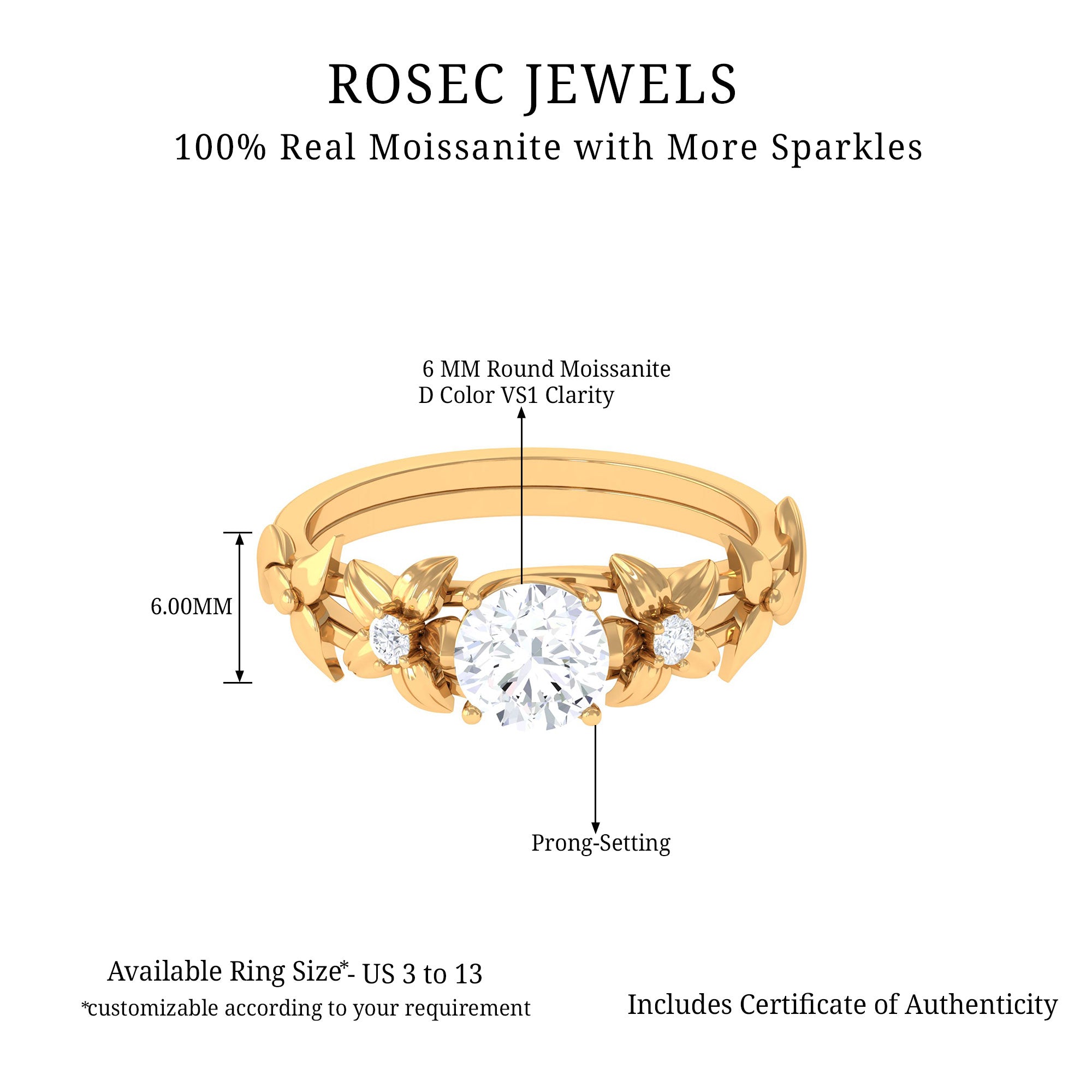 Rosec Jewels-1 CT Solitaire Moissanite Gold Floral Engagement Ring