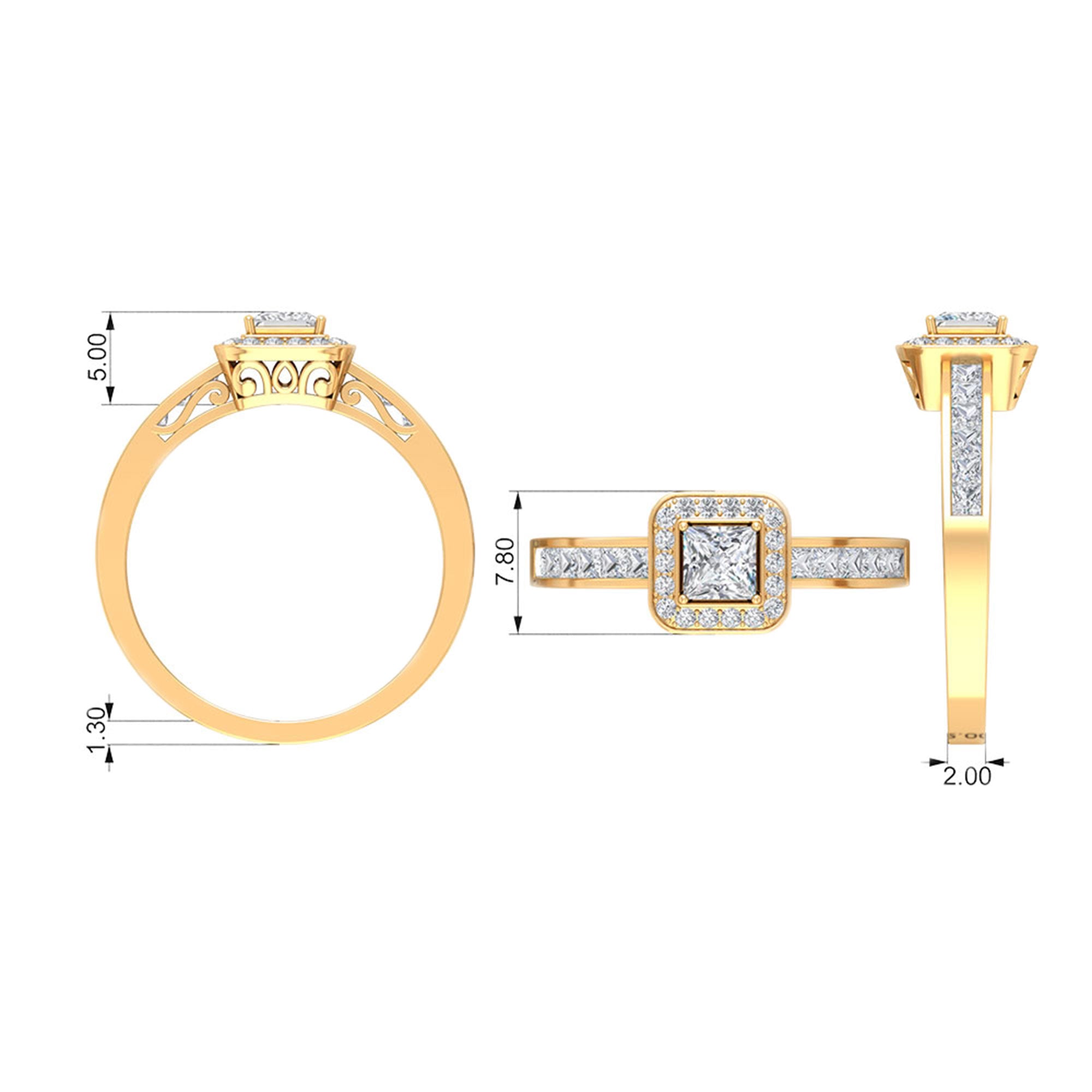 Rosec Jewels-1.25 Ct Halo Solitaire Ring with Princess Cut Diamond Side Stone