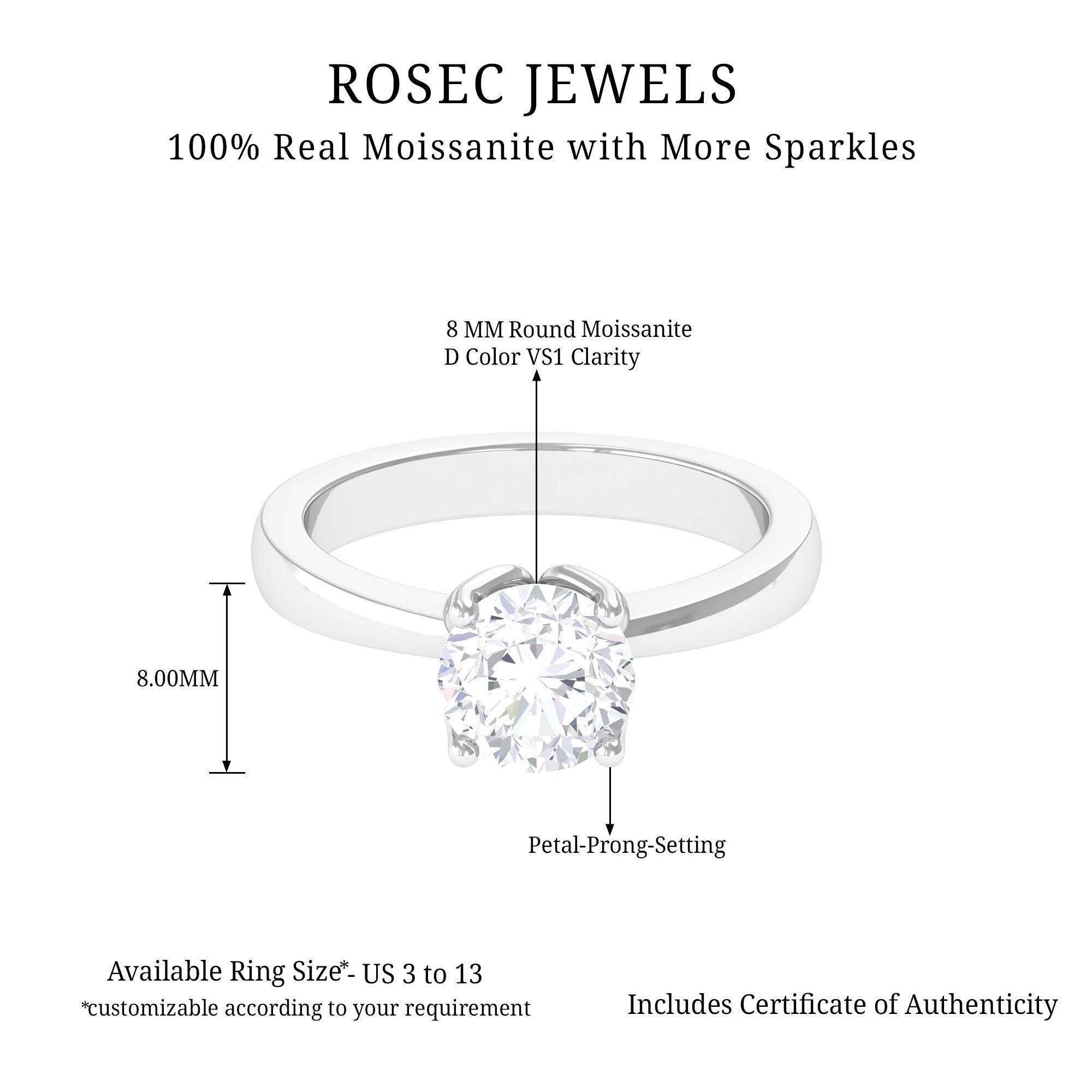 Rosec Jewels-Petal Prong Set Round Moissanite Solitaire Engagement Ring