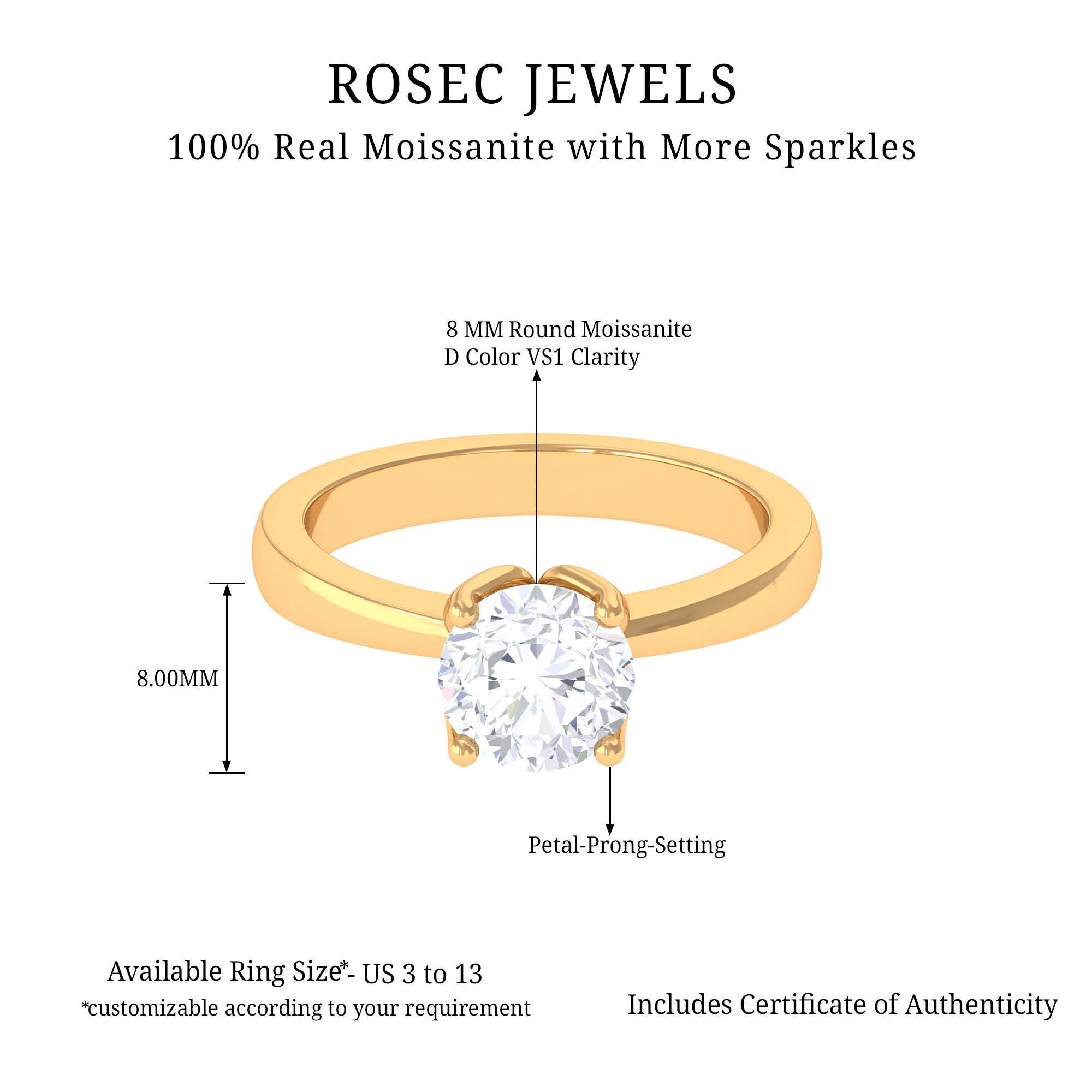 Rosec Jewels-Petal Prong Set Round Moissanite Solitaire Engagement Ring