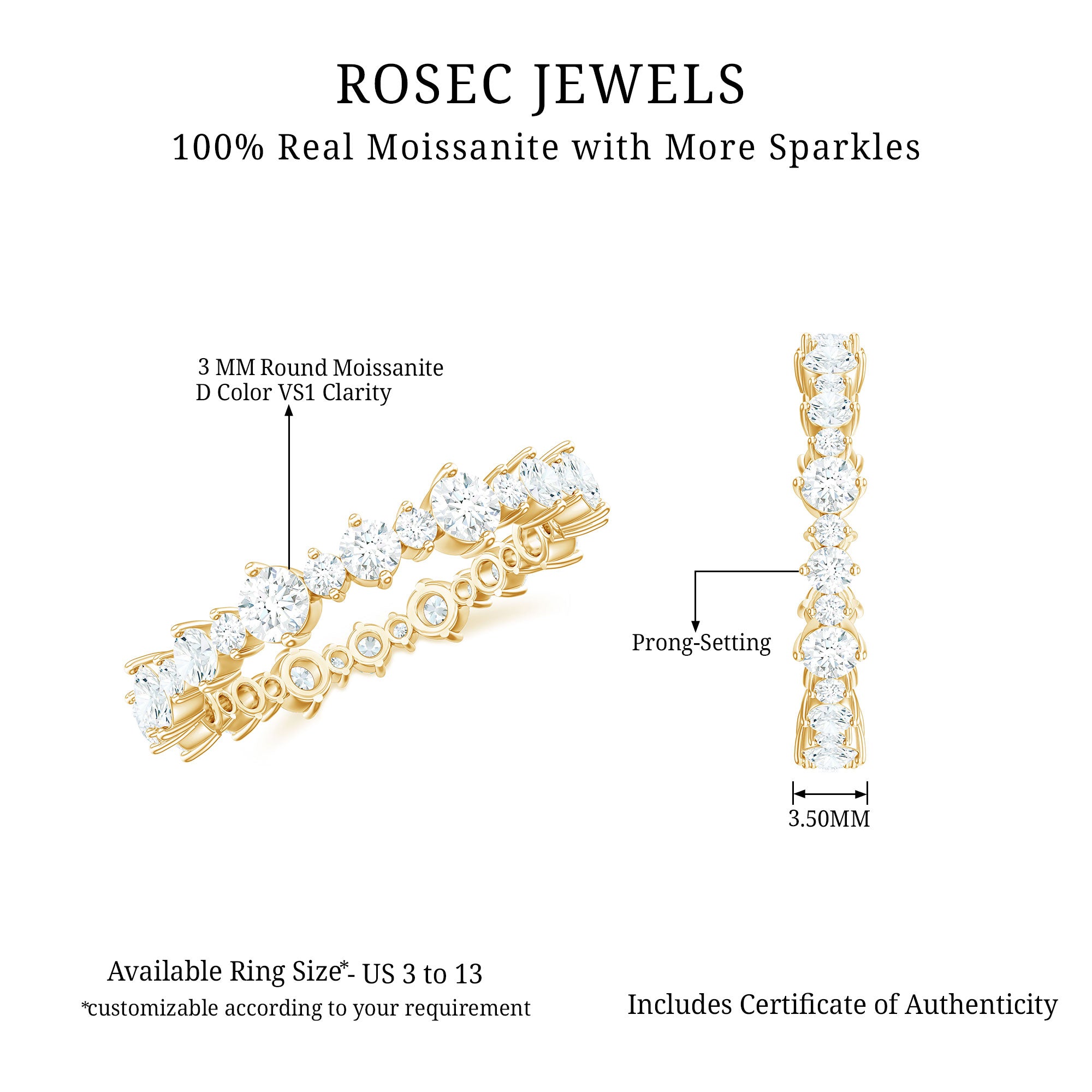 Round Certified Moissanite Eternity Ring in Prong Setting Moissanite - ( D-VS1 ) - Color and Clarity - Rosec Jewels