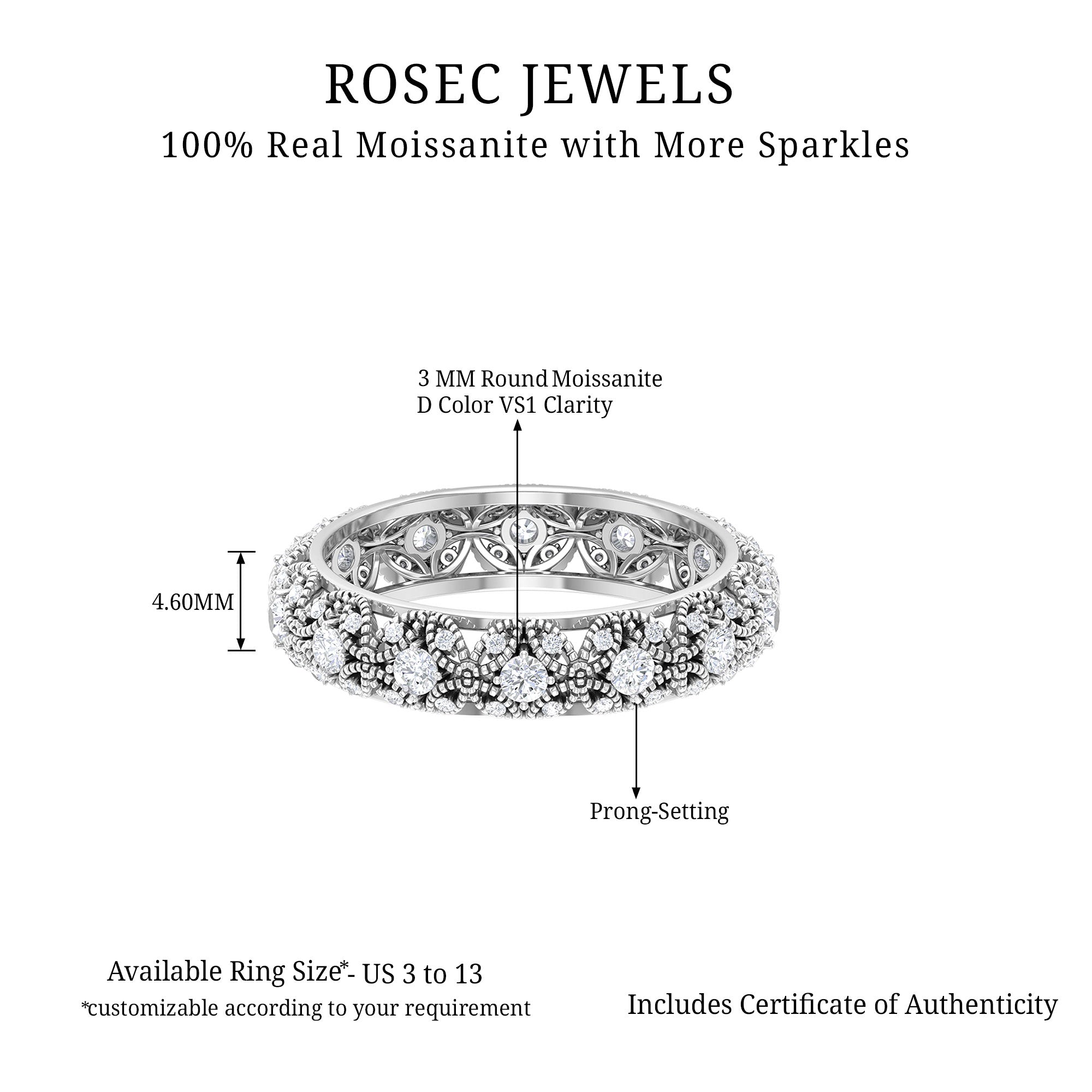 Rosec Jewels-3/4 CT Moissanite Flower Band Ring with Gold Beaded Embellishment