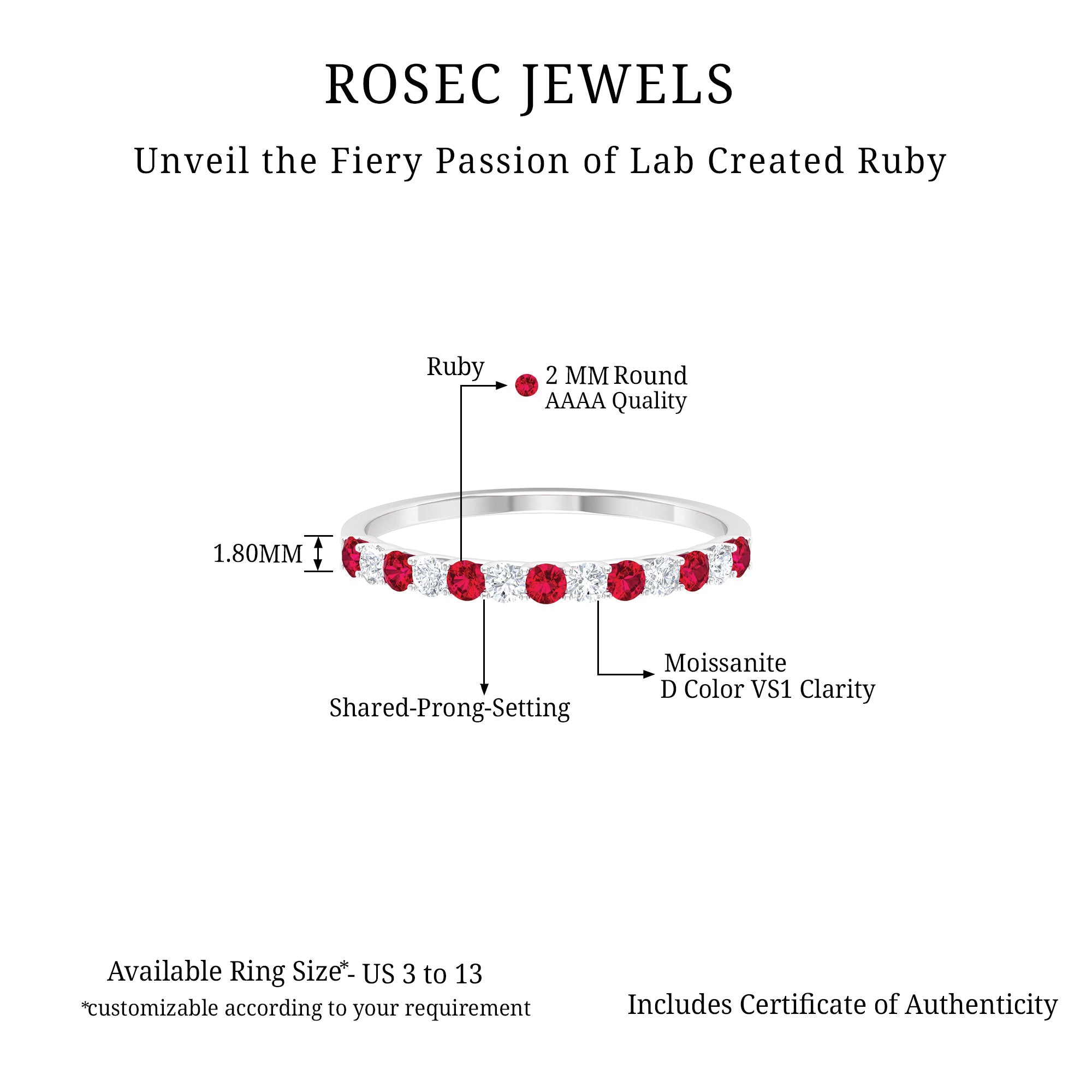 Rosec Jewels-3/4 CT Created Ruby and Moissanite Enhancer Band Ring