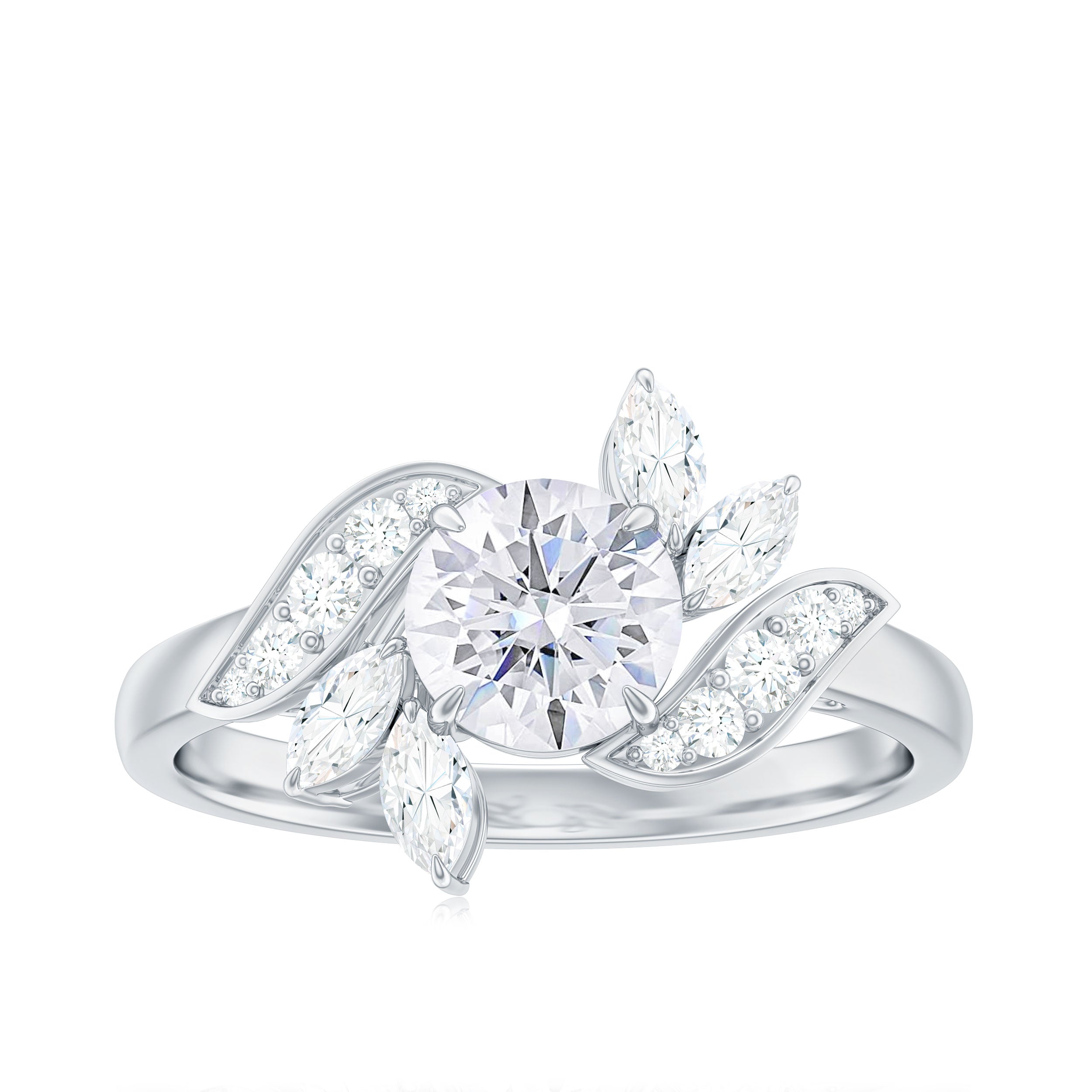 Rosec Jewels-1.5 CT Round and Marquise Moissanite Flower Engagement Ring in Claw Setting