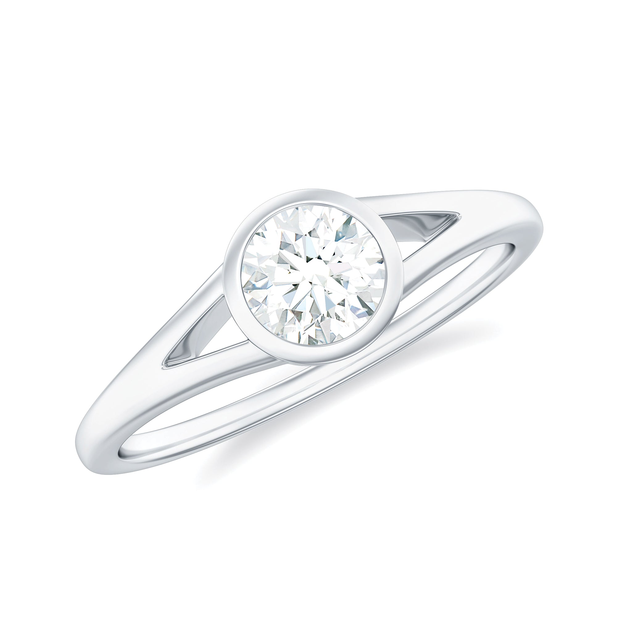 Rosec Jewels-Bezel Set Round Moissanite Solitaire Promise Ring in Split Shank