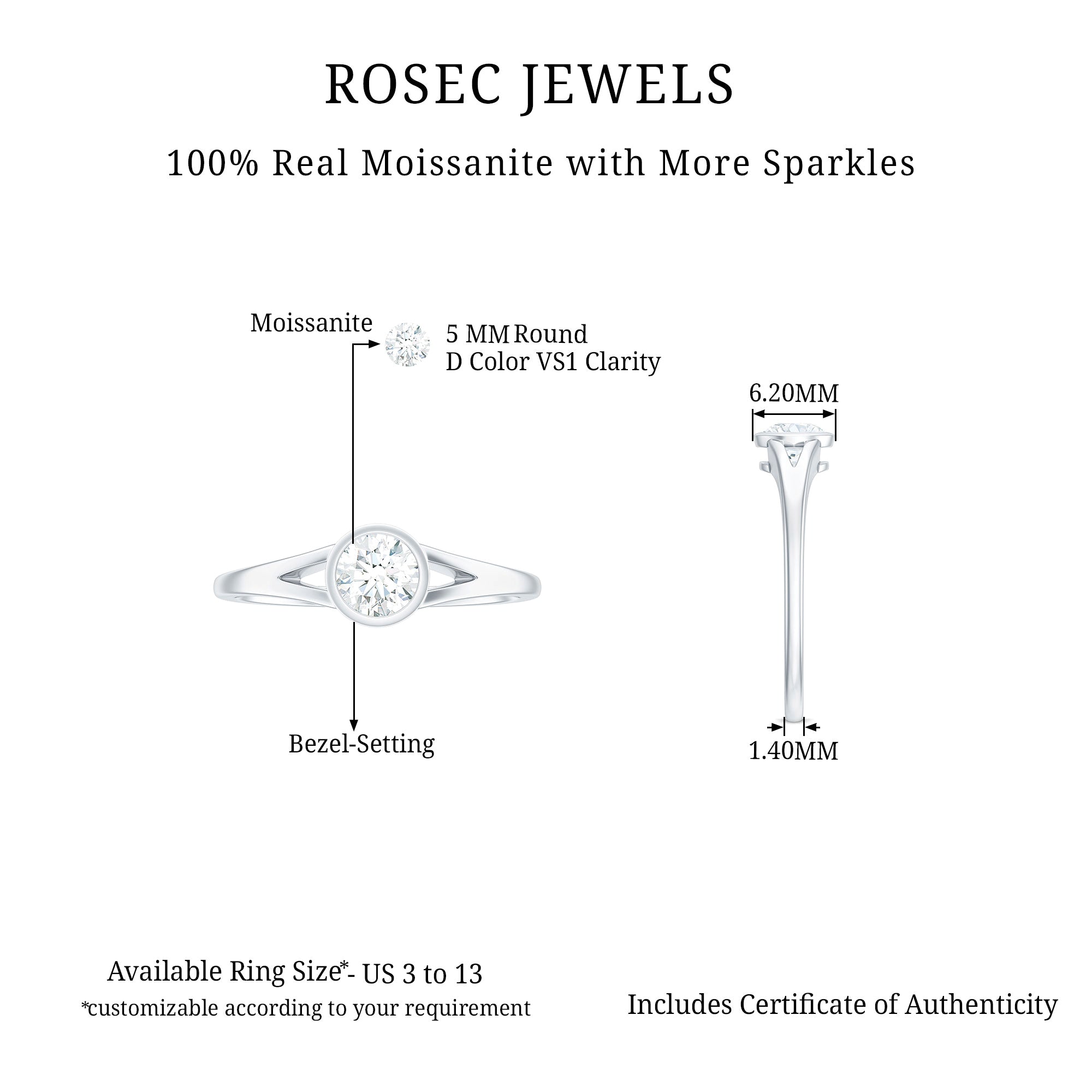 Rosec Jewels-Bezel Set Round Moissanite Solitaire Promise Ring in Split Shank