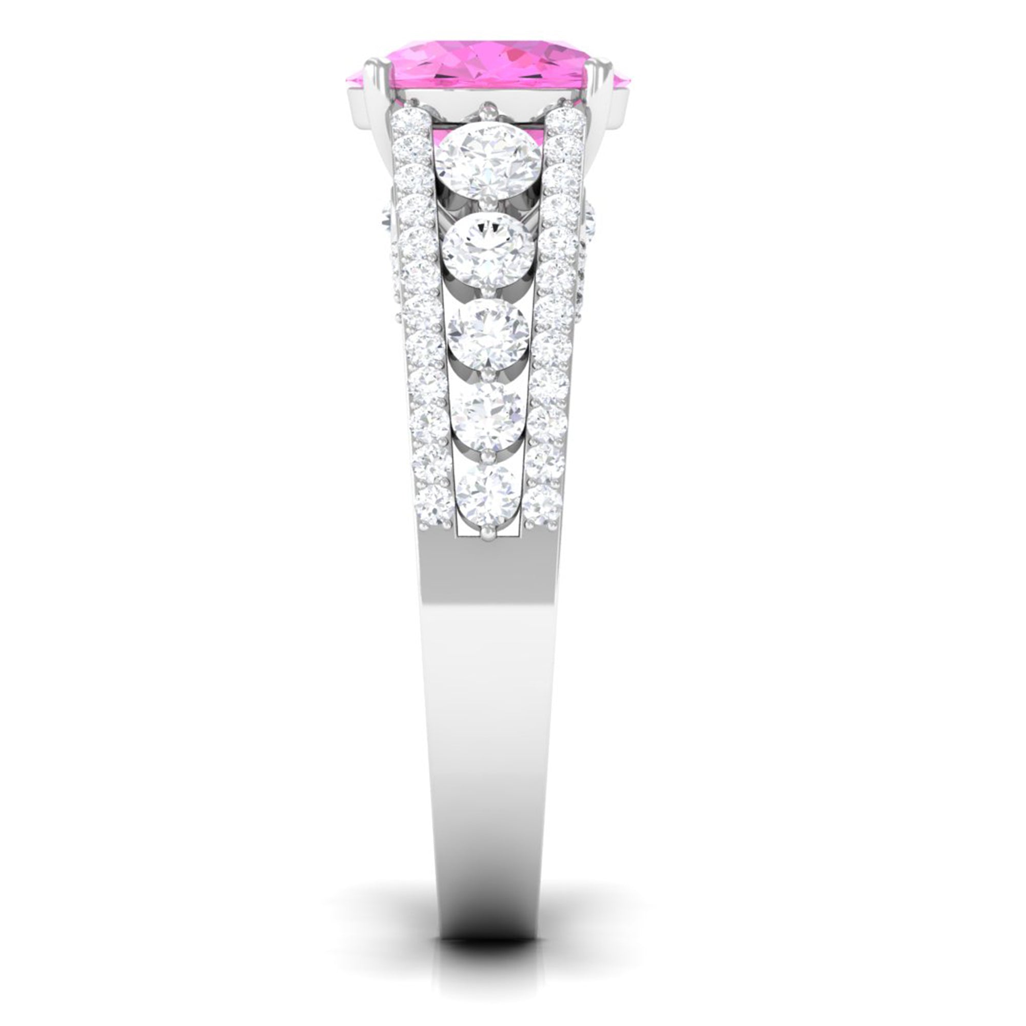 Rosec Jewels-Created Pink Sapphire Engagement Ring with Moissanite Side Stones