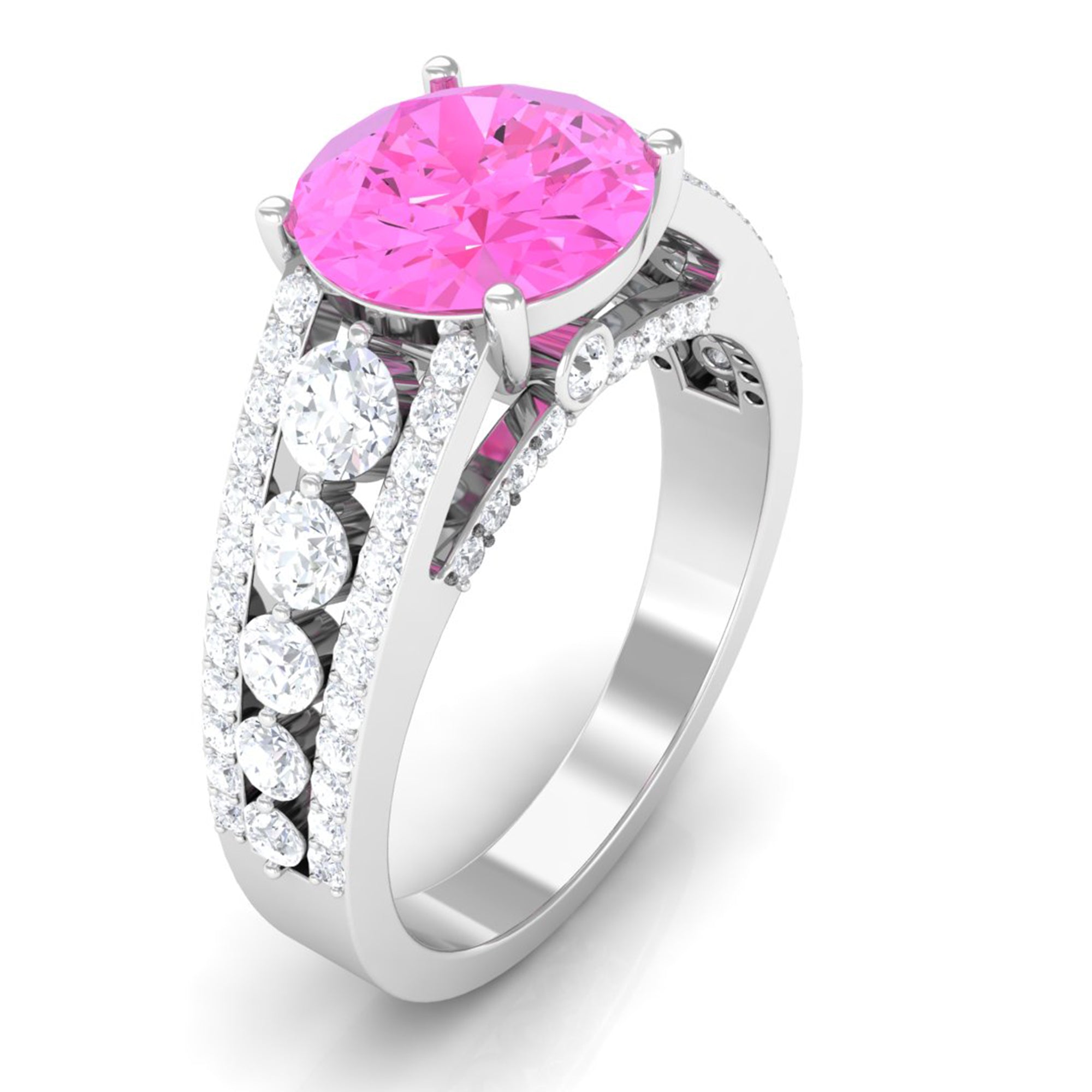 Rosec Jewels-Created Pink Sapphire Engagement Ring with Moissanite Side Stones