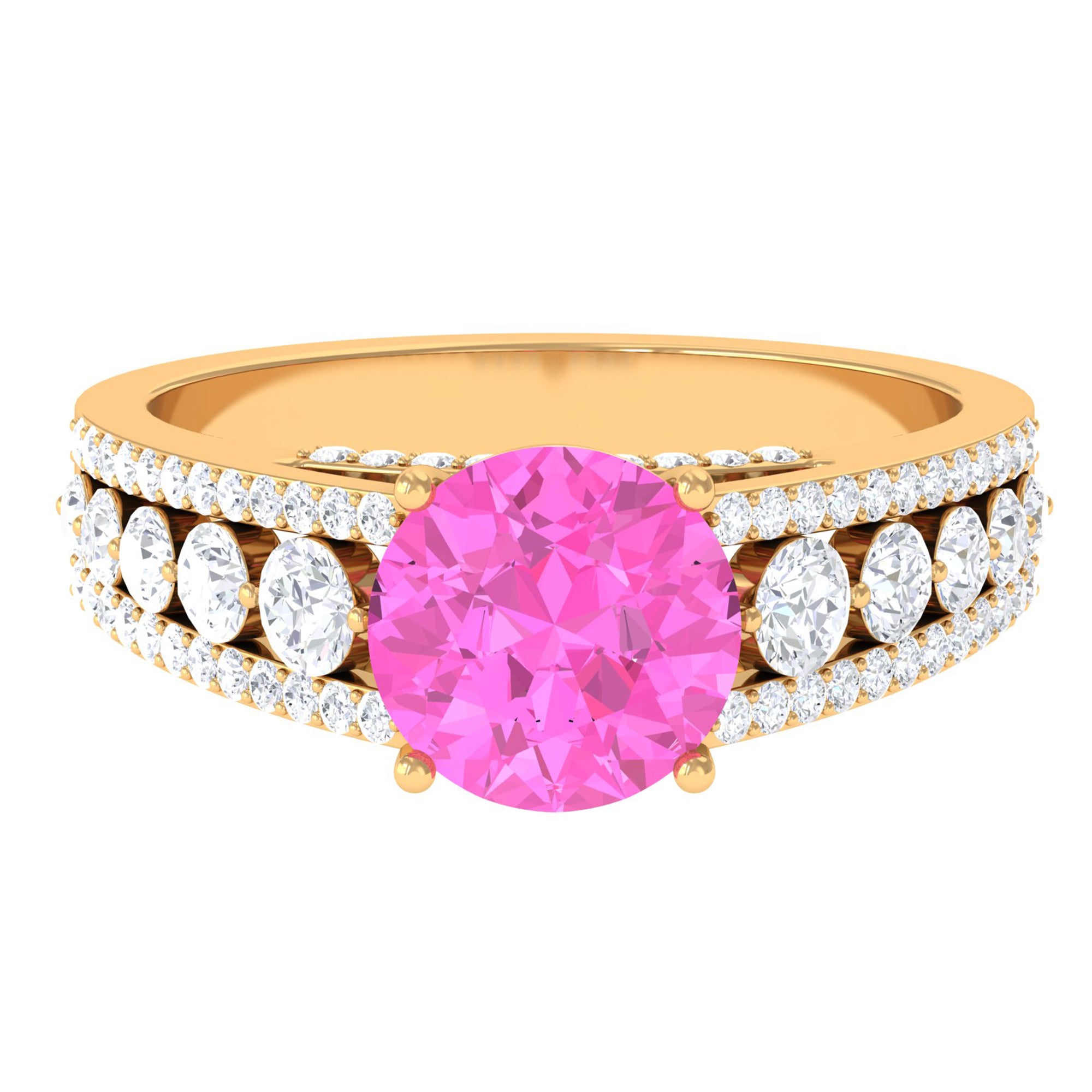 Rosec Jewels-Created Pink Sapphire Engagement Ring with Moissanite Side Stones