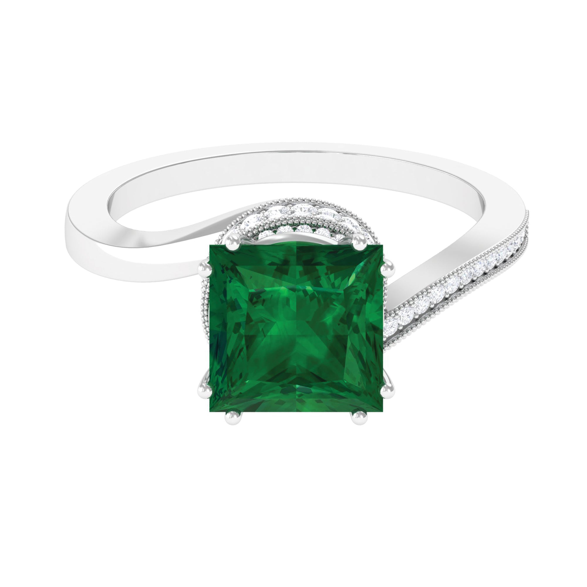 Rosec Jewels-Princess Cut Created Emerald Solitaire Bypass Engagement Ring