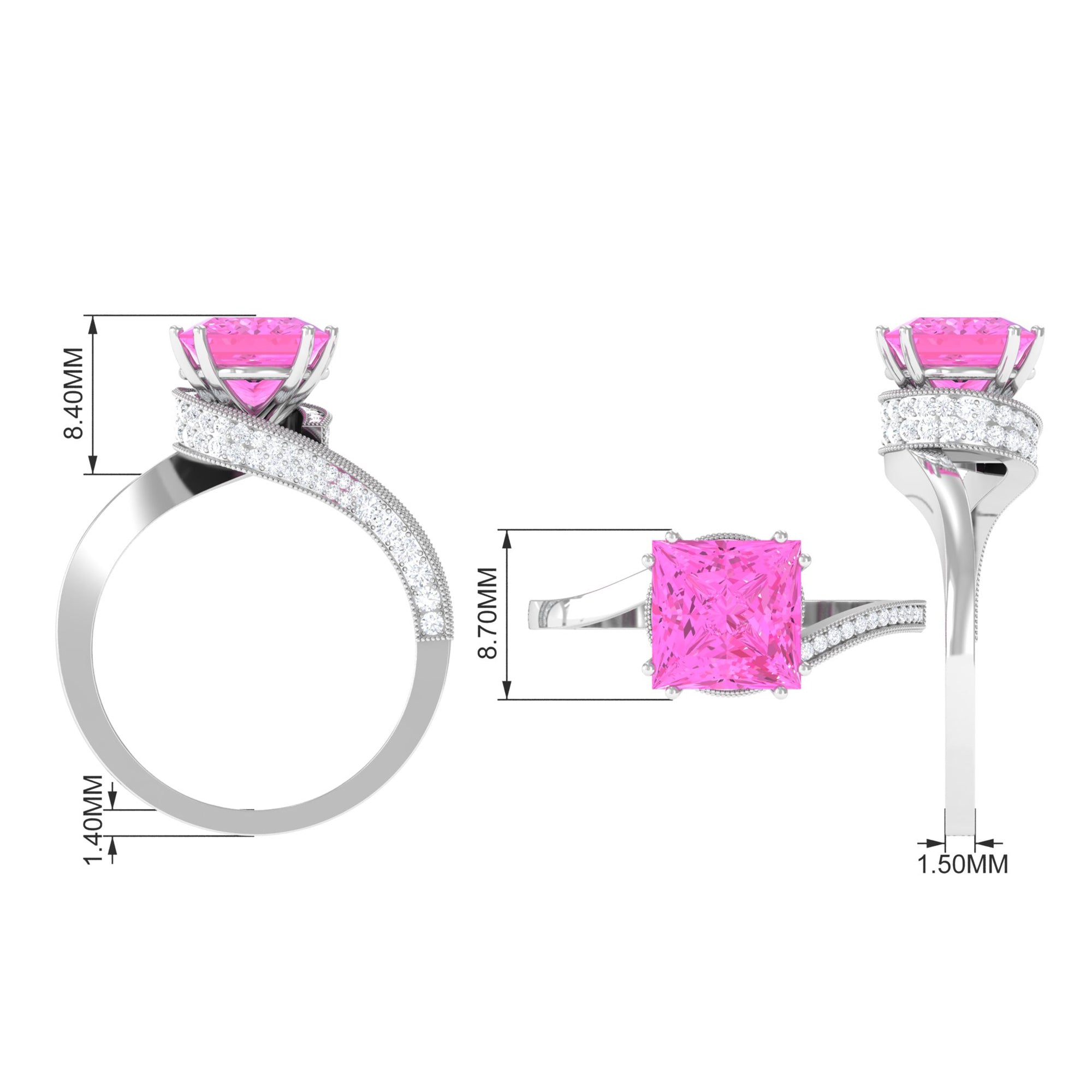 Rosec Jewels-Created Pink Sapphire Solitaire Bypass Engagement Ring with Diamond