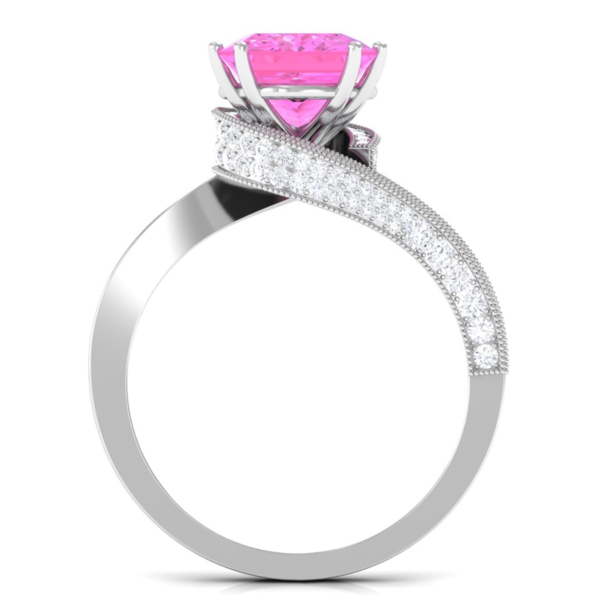 Rosec Jewels-Created Pink Sapphire Solitaire Bypass Engagement Ring with Diamond