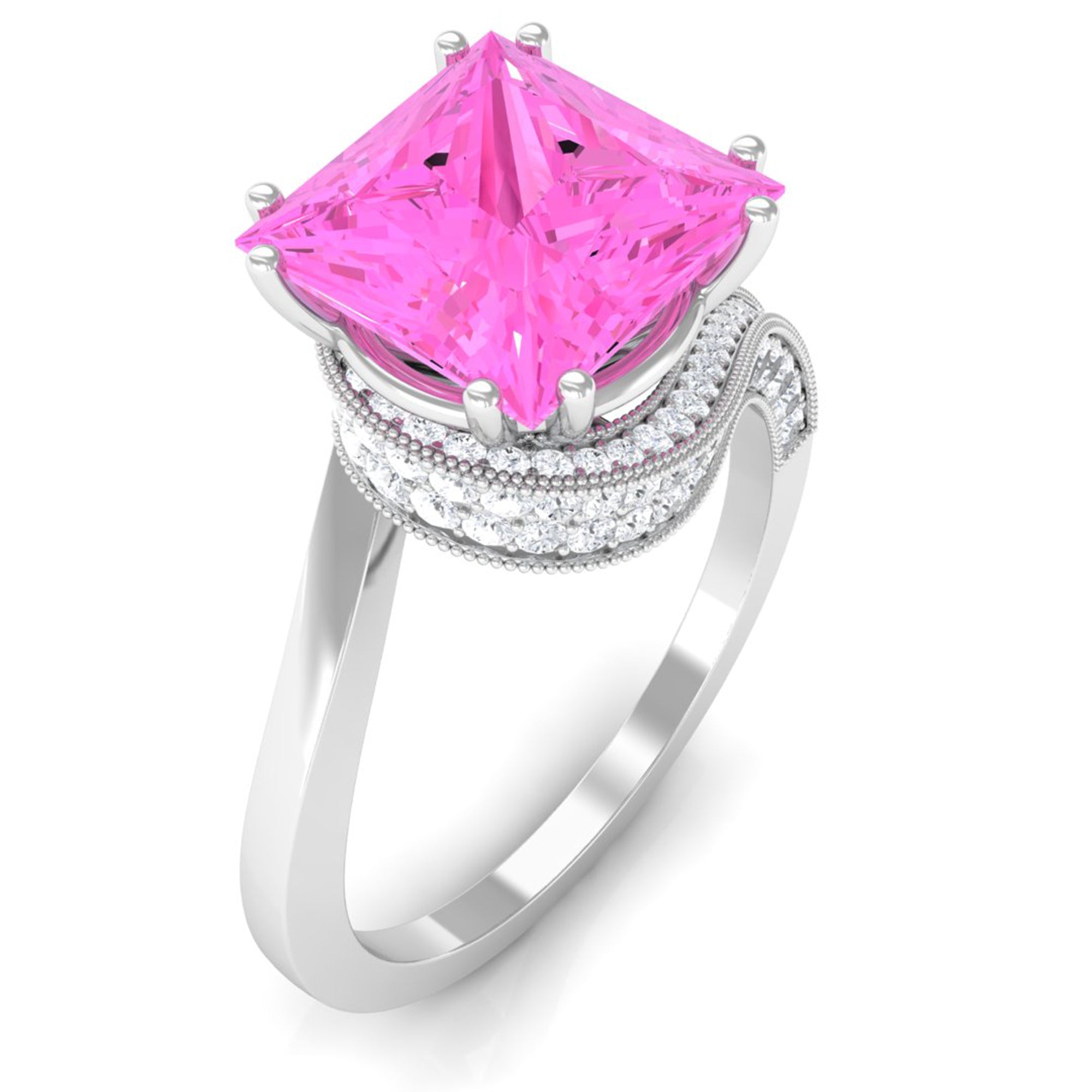 Rosec Jewels-Created Pink Sapphire Solitaire Bypass Engagement Ring with Diamond