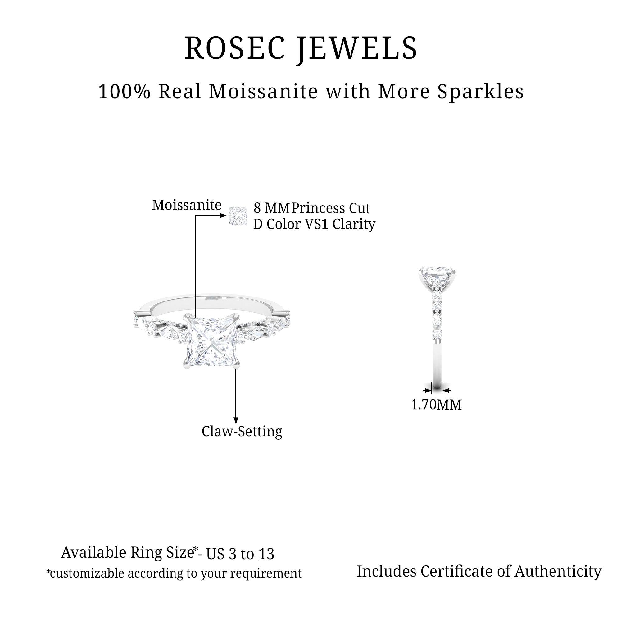 Rosec Jewels-Certified Moissanite Solitaire Engagement Ring with Side Stones