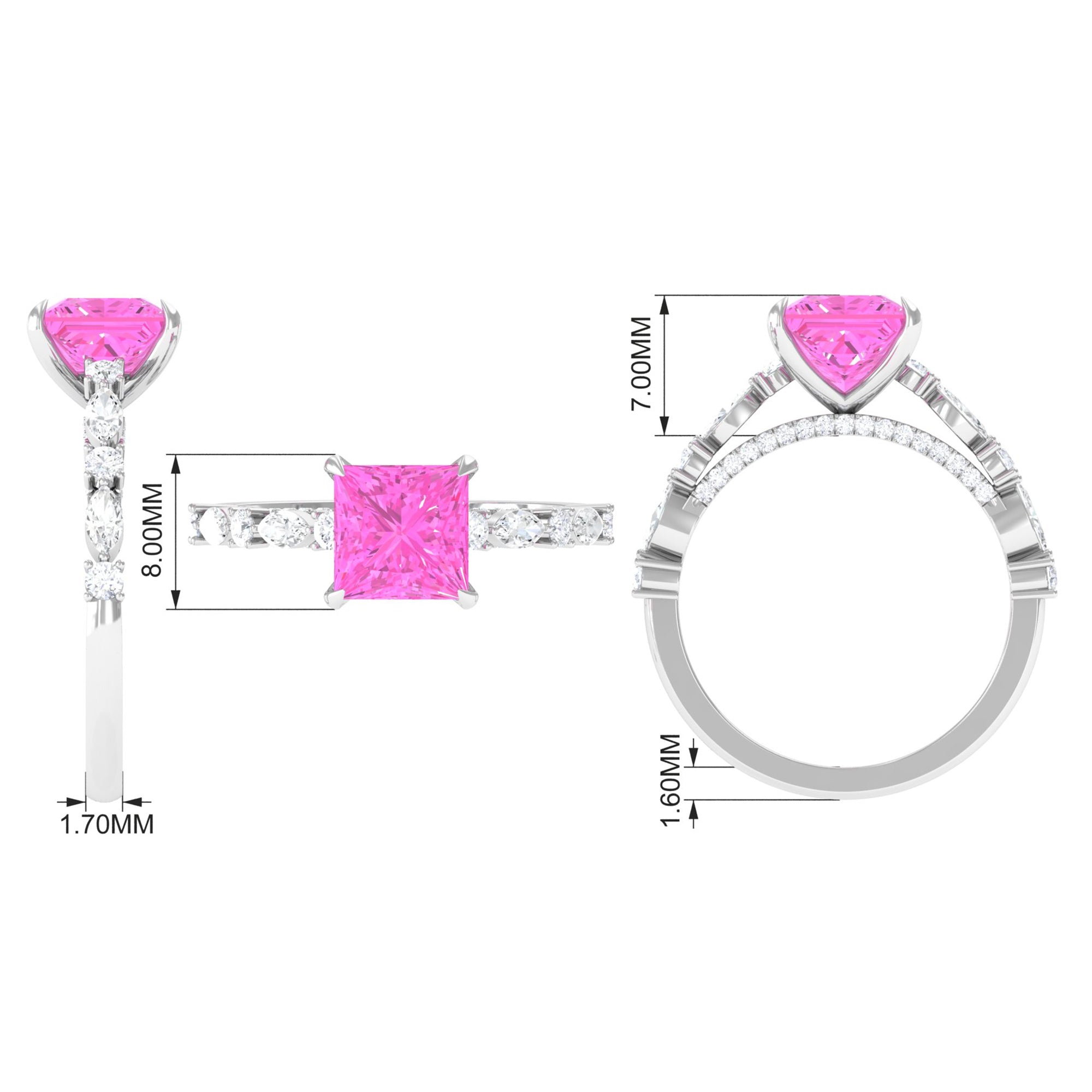 Rosec Jewels-Princess Cut Lab Grown Pink Sapphire Engagement Ring with Moissanite