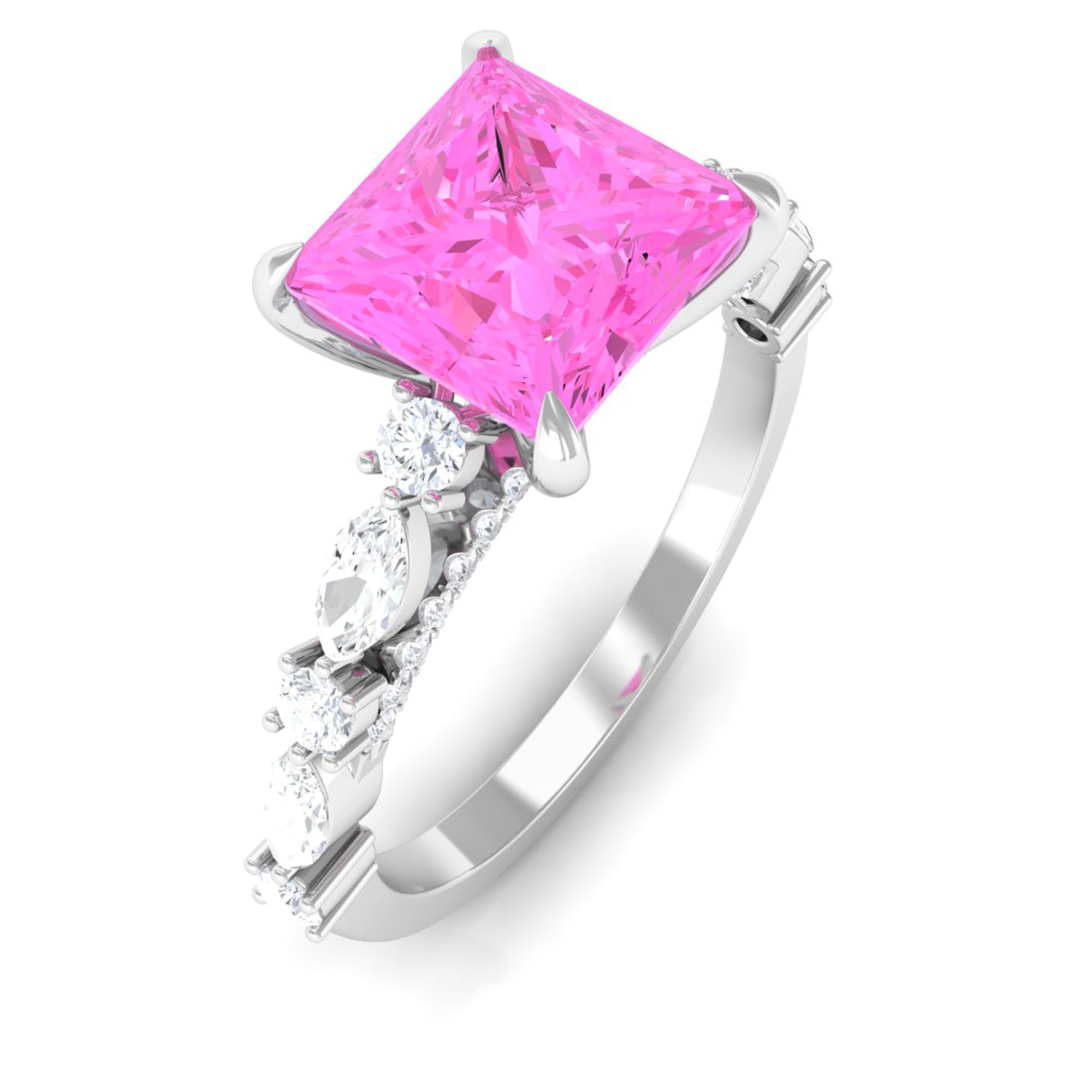 Rosec Jewels-Princess Cut Lab Grown Pink Sapphire Engagement Ring with Moissanite