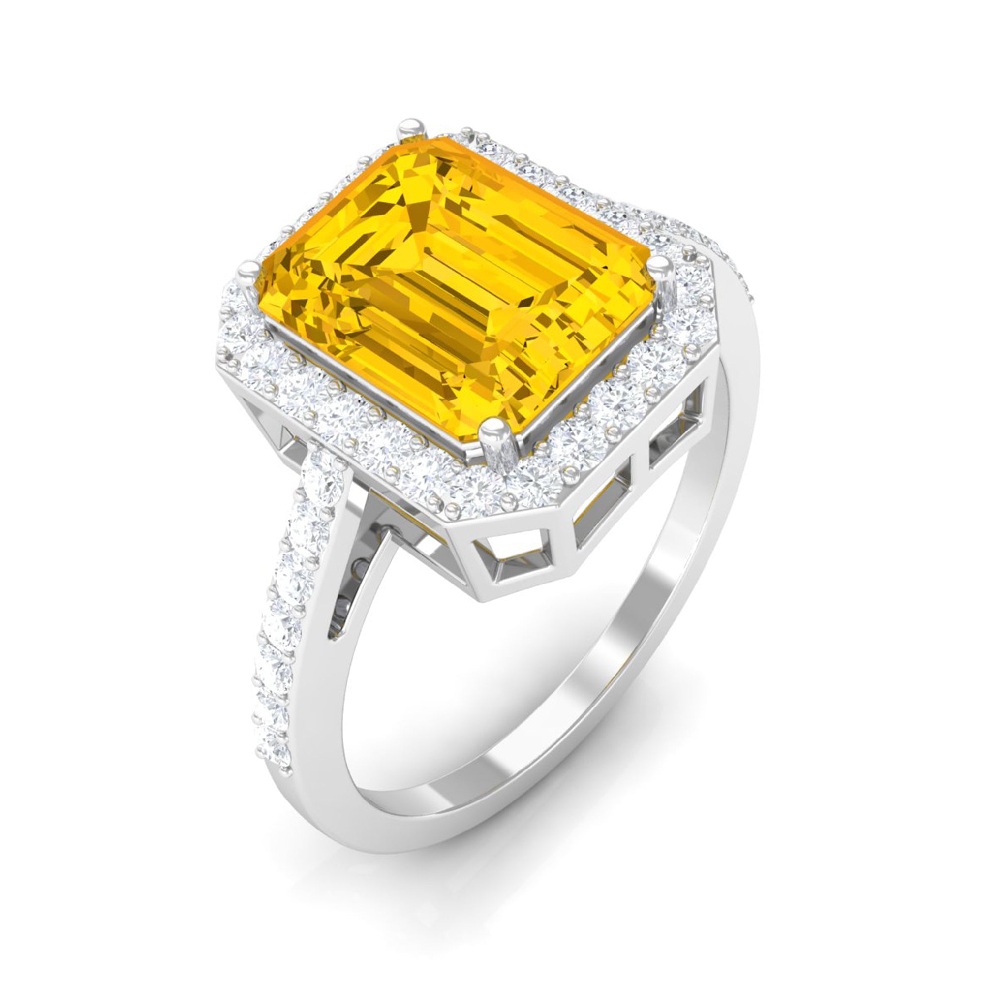 Rosec Jewels-Lab Grown Yellow Sapphire Emerald Cut Engagement Ring with Moissanite