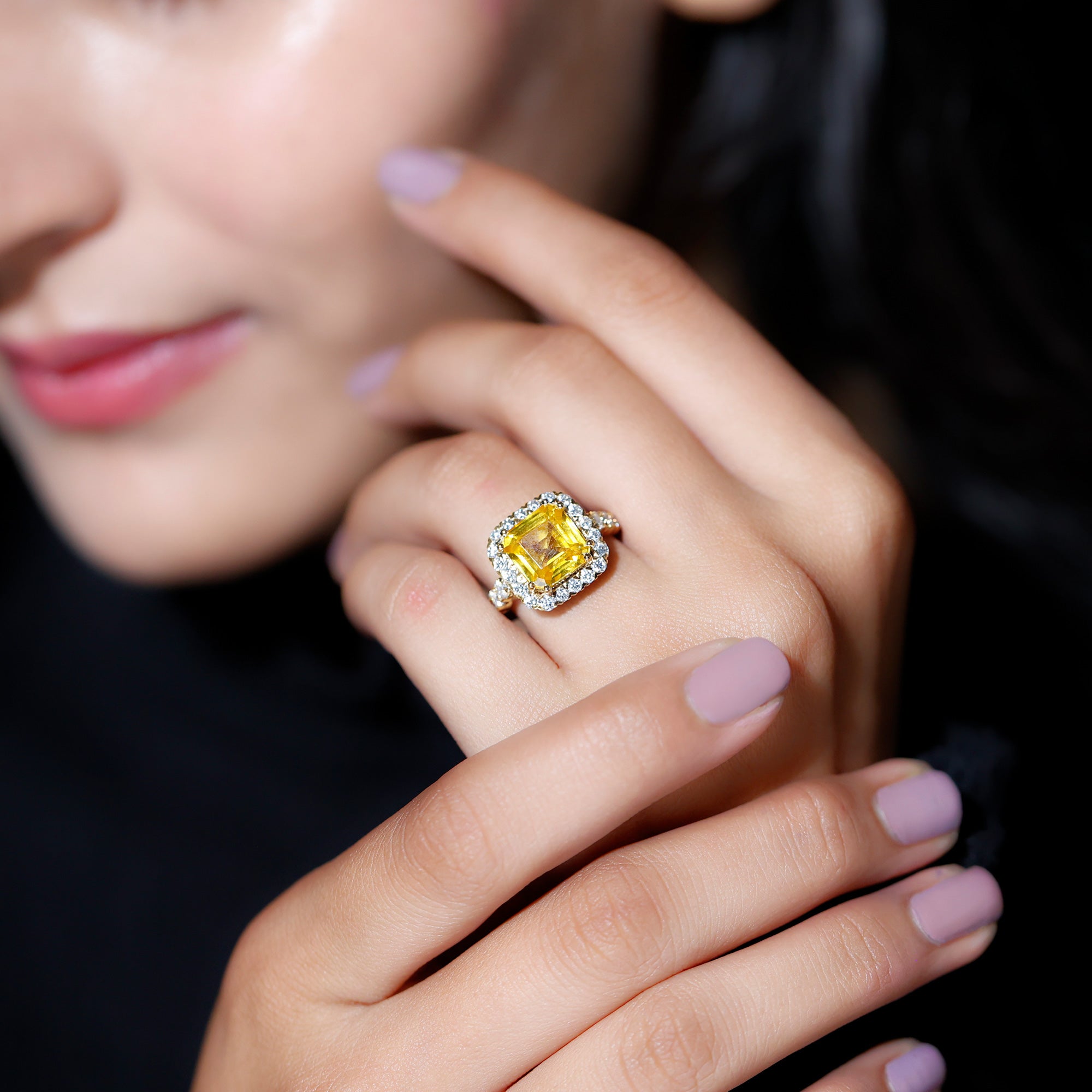 Rosec Jewels-Created Yellow Sapphire and Moissanite Halo Engagement Ring