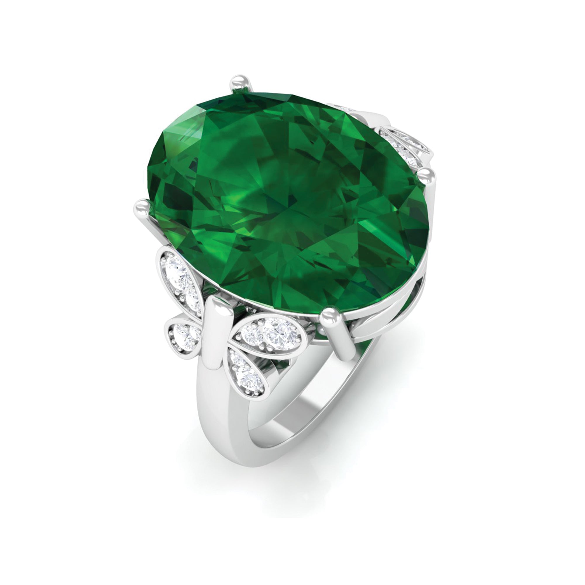 Rosec Jewels-Oval Created Emerald Solitaire Engagement Ring with Diamond