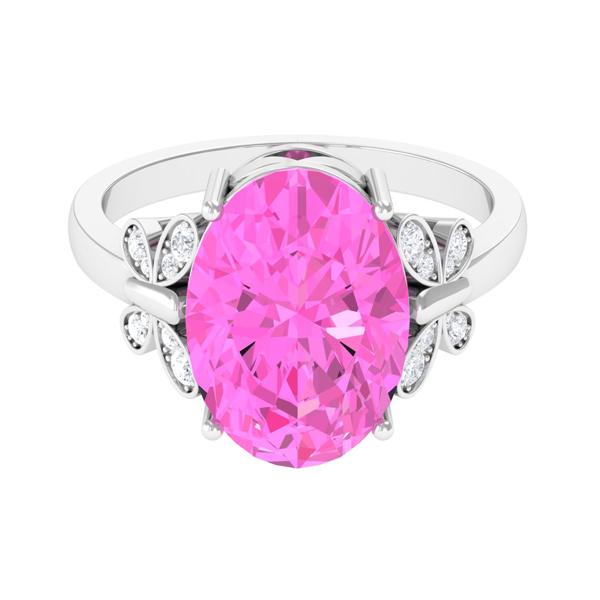 Rosec Jewels-Created Pink Sapphire Oval Engagement Ring with Diamond