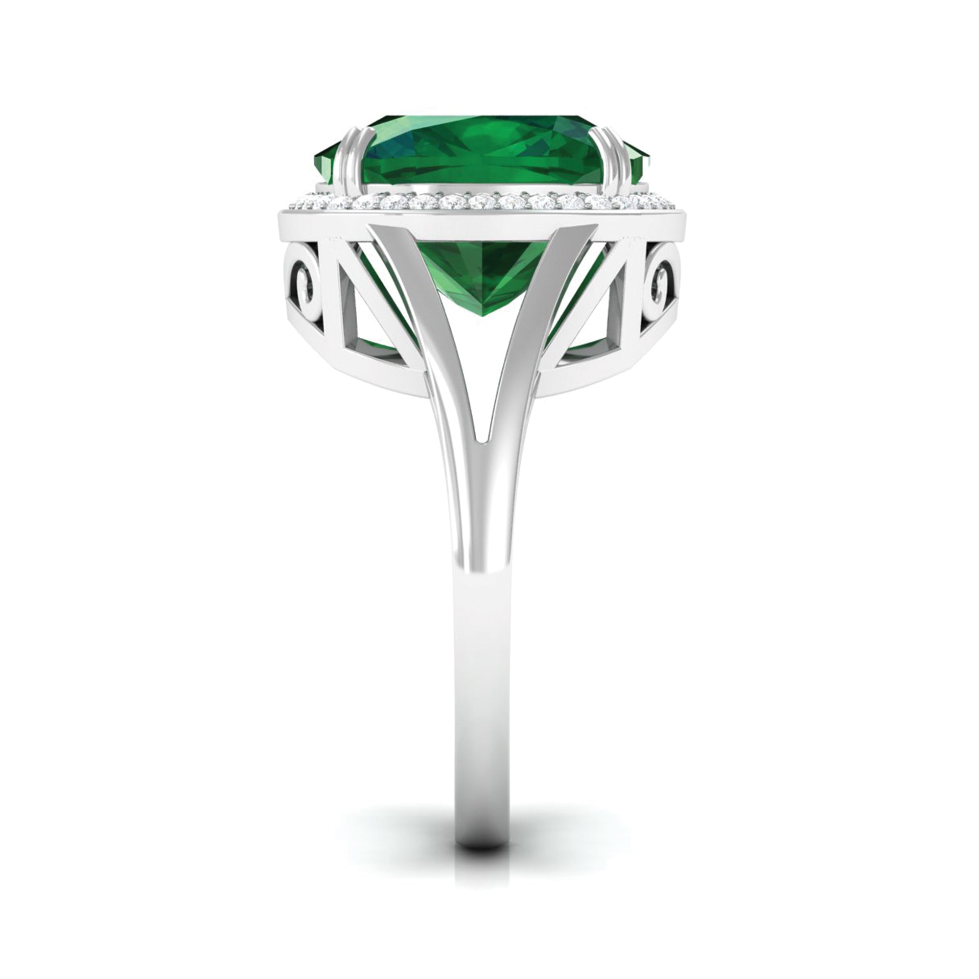 Rosec Jewels-Cushion Cut Created Emerald Halo Cocktail Ring with Diamond