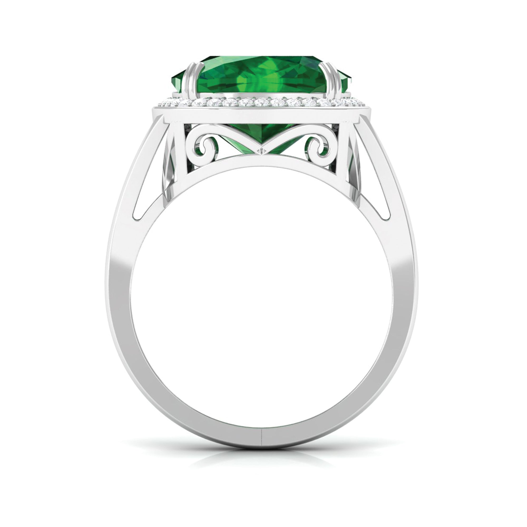 Rosec Jewels-Cushion Cut Created Emerald Halo Cocktail Ring with Diamond