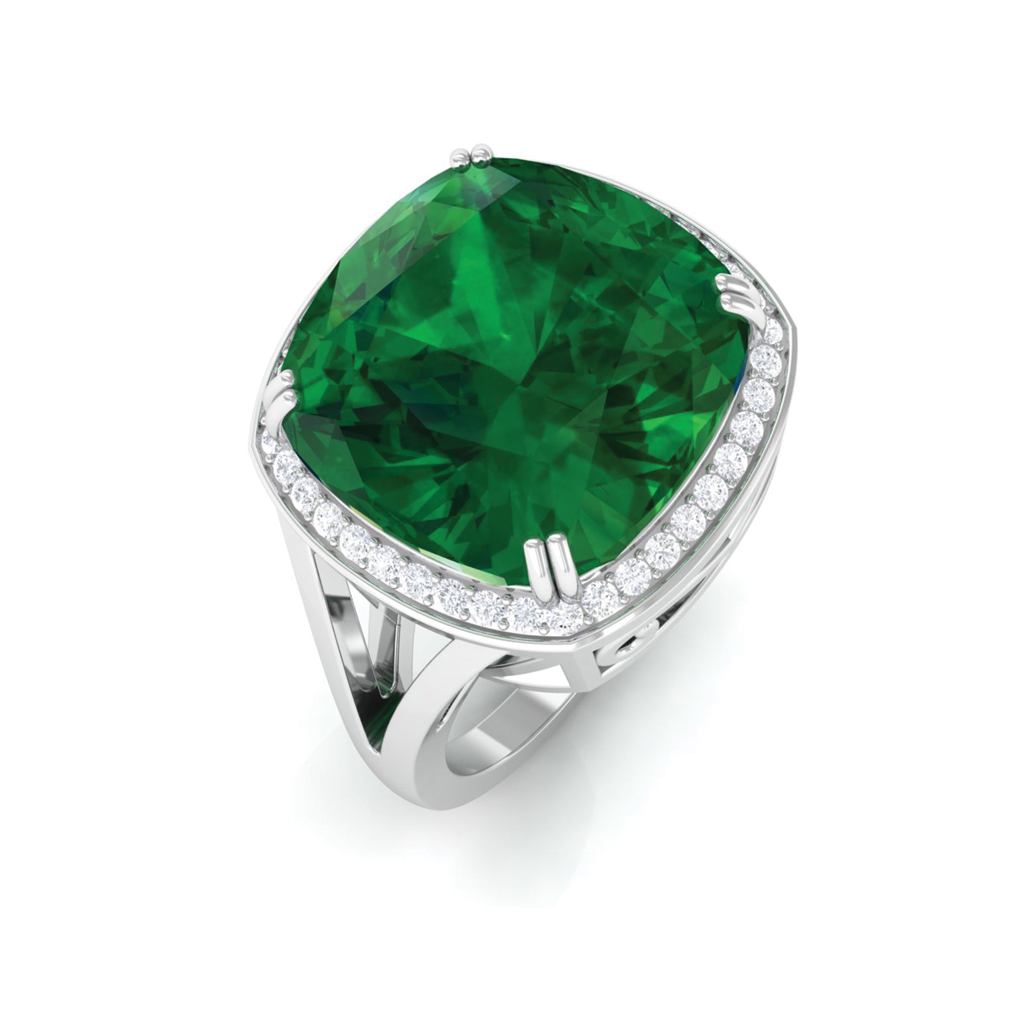 Rosec Jewels-Cushion Cut Created Emerald Halo Cocktail Ring with Diamond