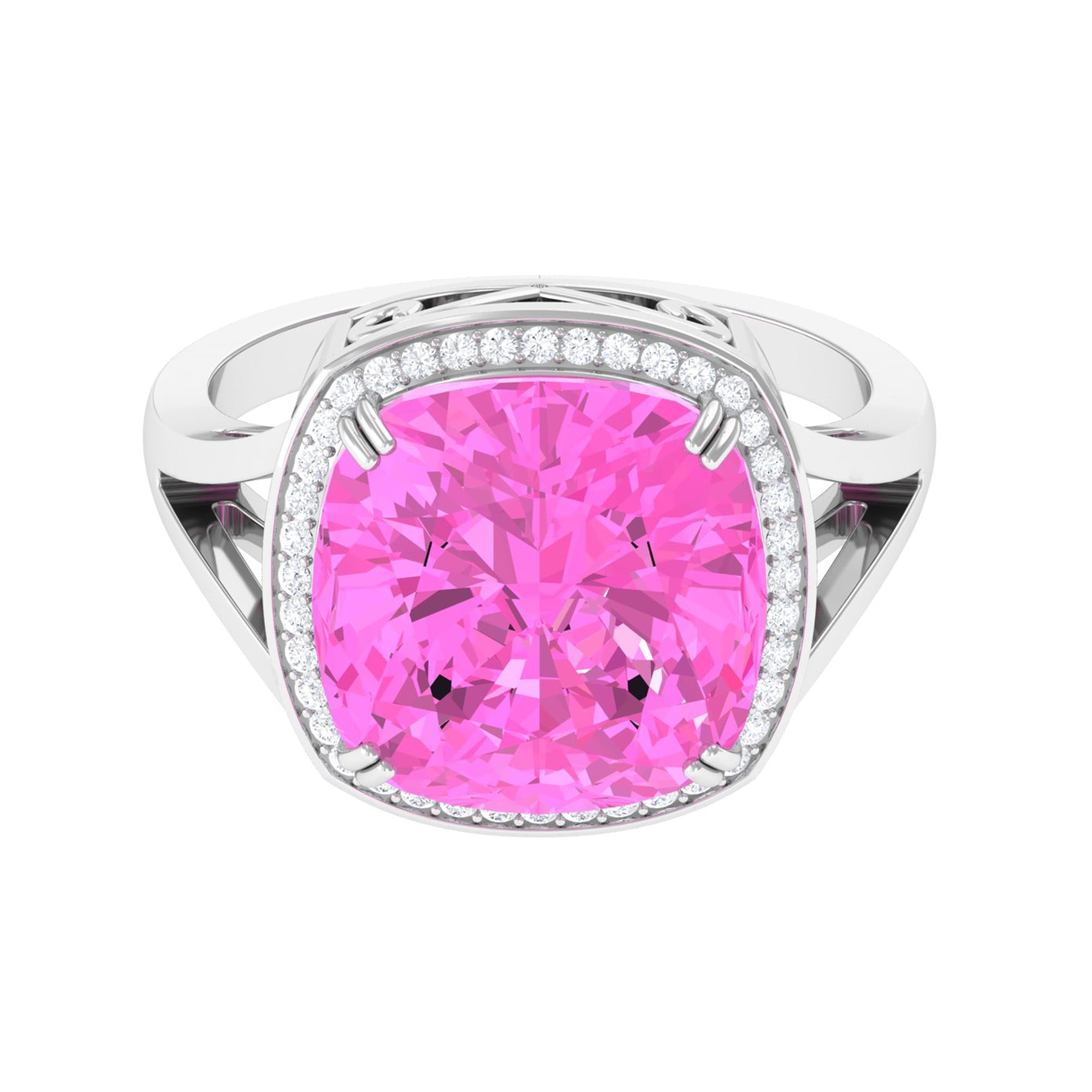 Rosec Jewels-Cushion Cut Created Pink Sapphire Halo Cocktail Ring with Diamond