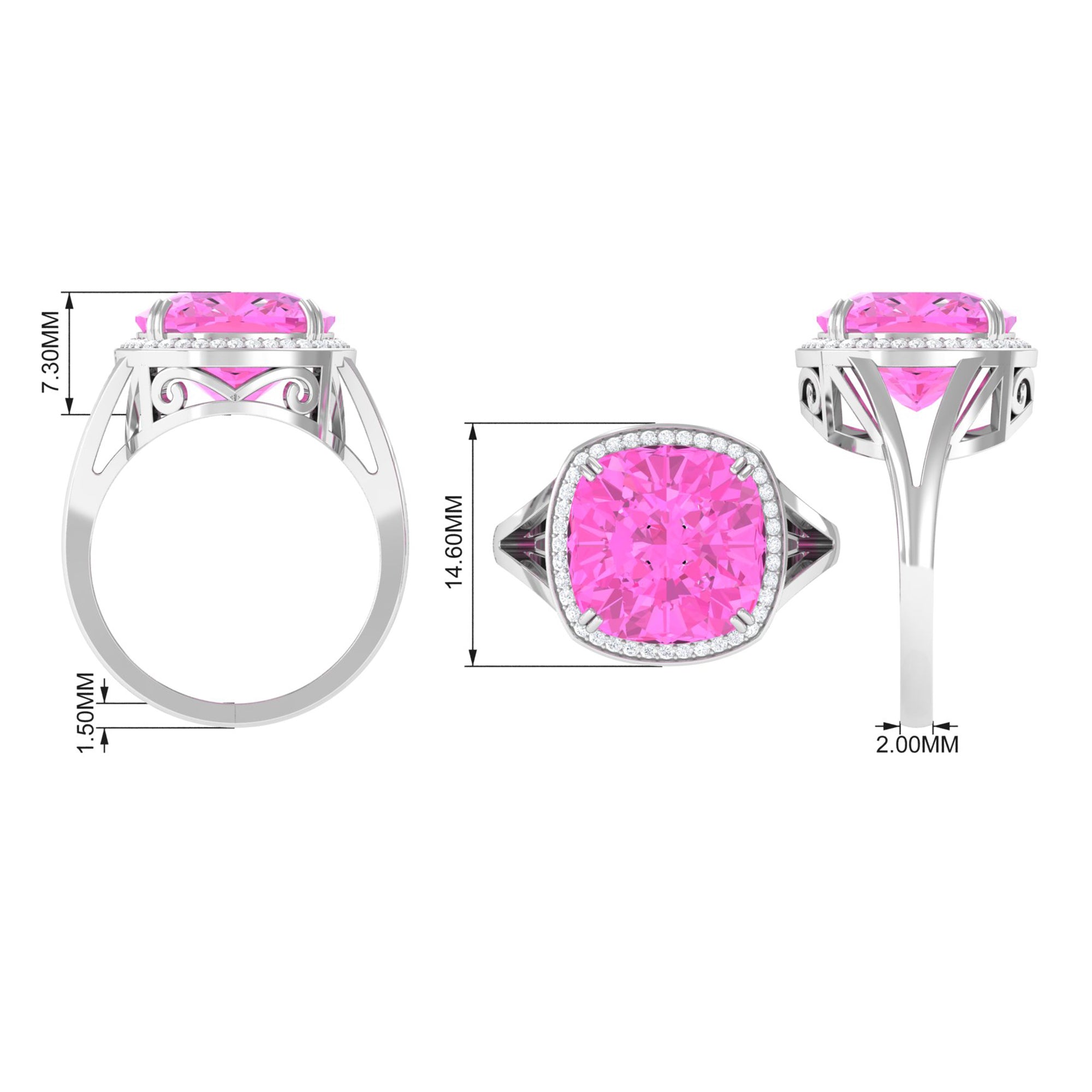 Rosec Jewels-Cushion Cut Created Pink Sapphire Halo Cocktail Ring with Diamond