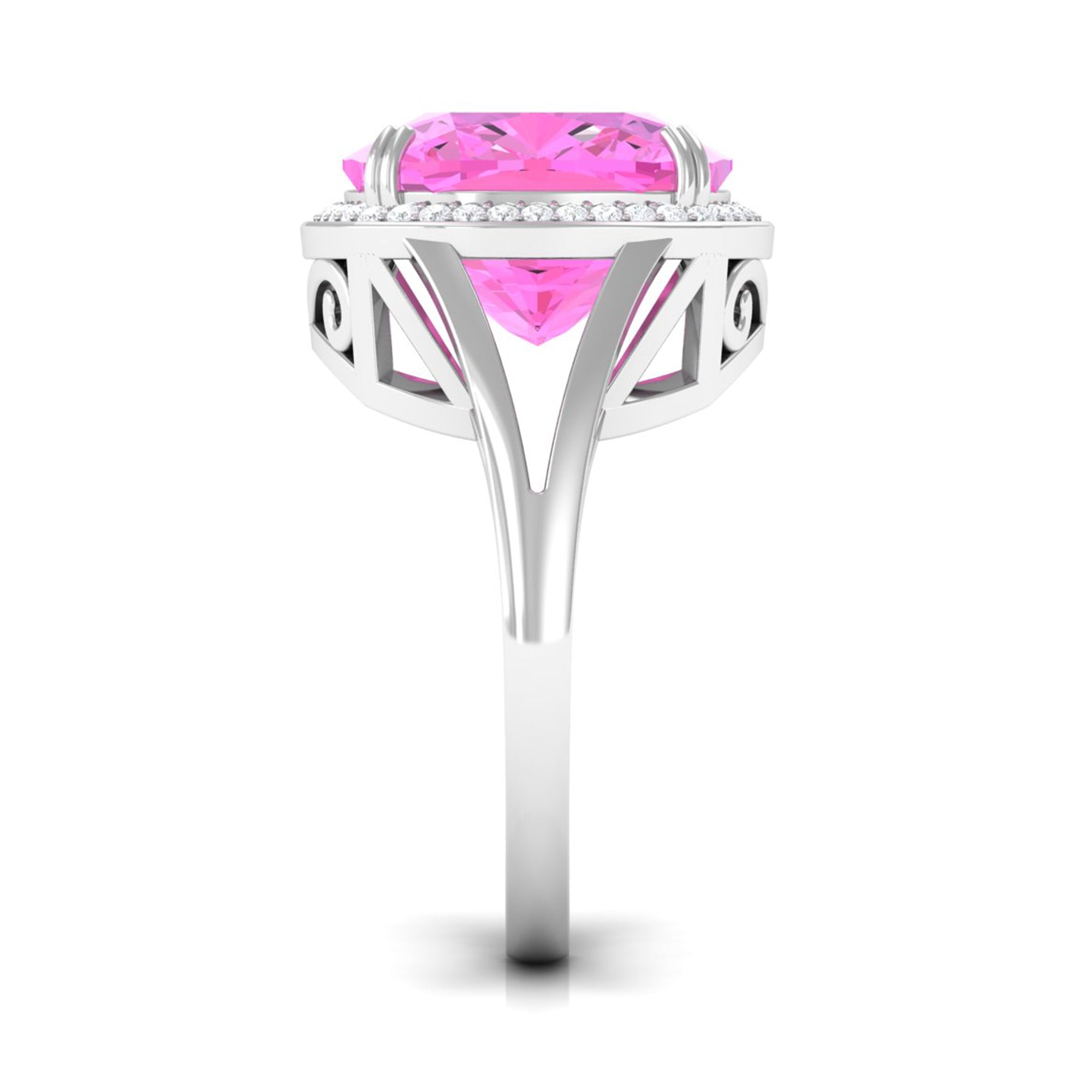 Rosec Jewels-Cushion Cut Created Pink Sapphire Halo Cocktail Ring with Diamond