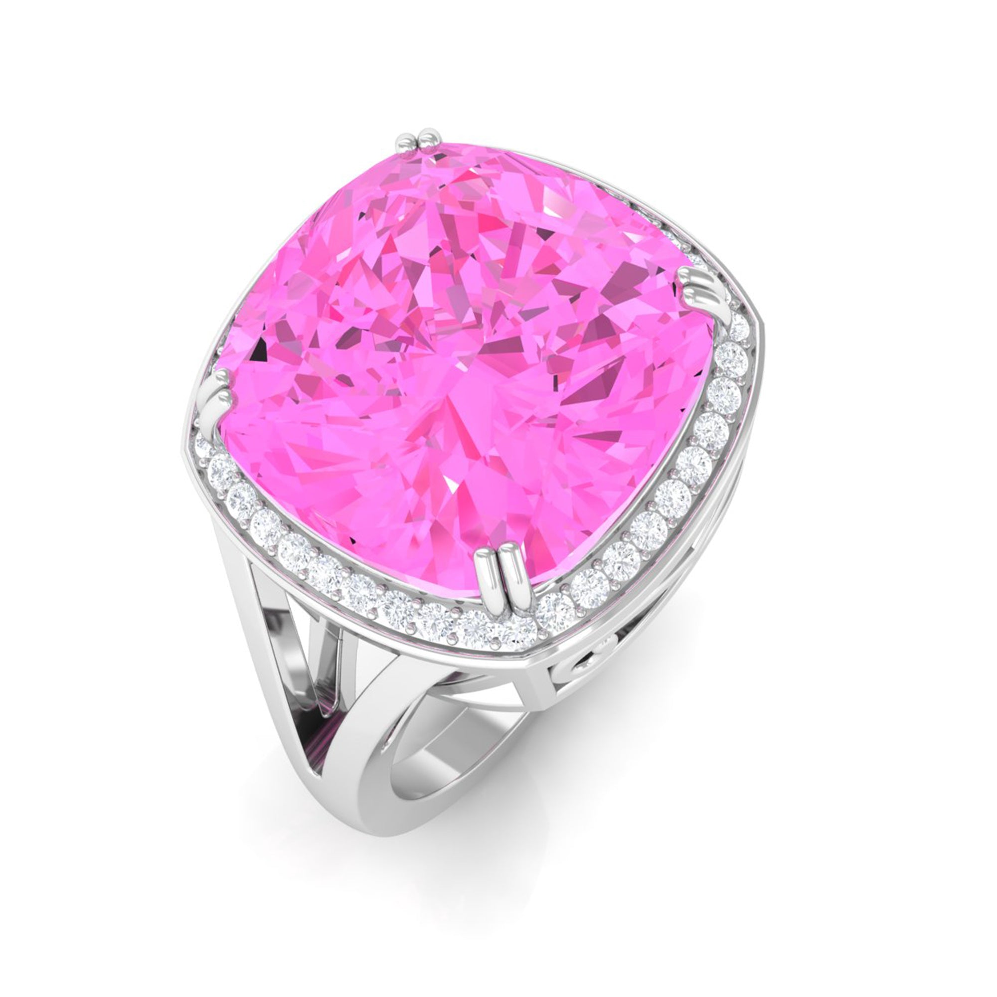 Rosec Jewels-Cushion Cut Created Pink Sapphire Halo Cocktail Ring with Diamond