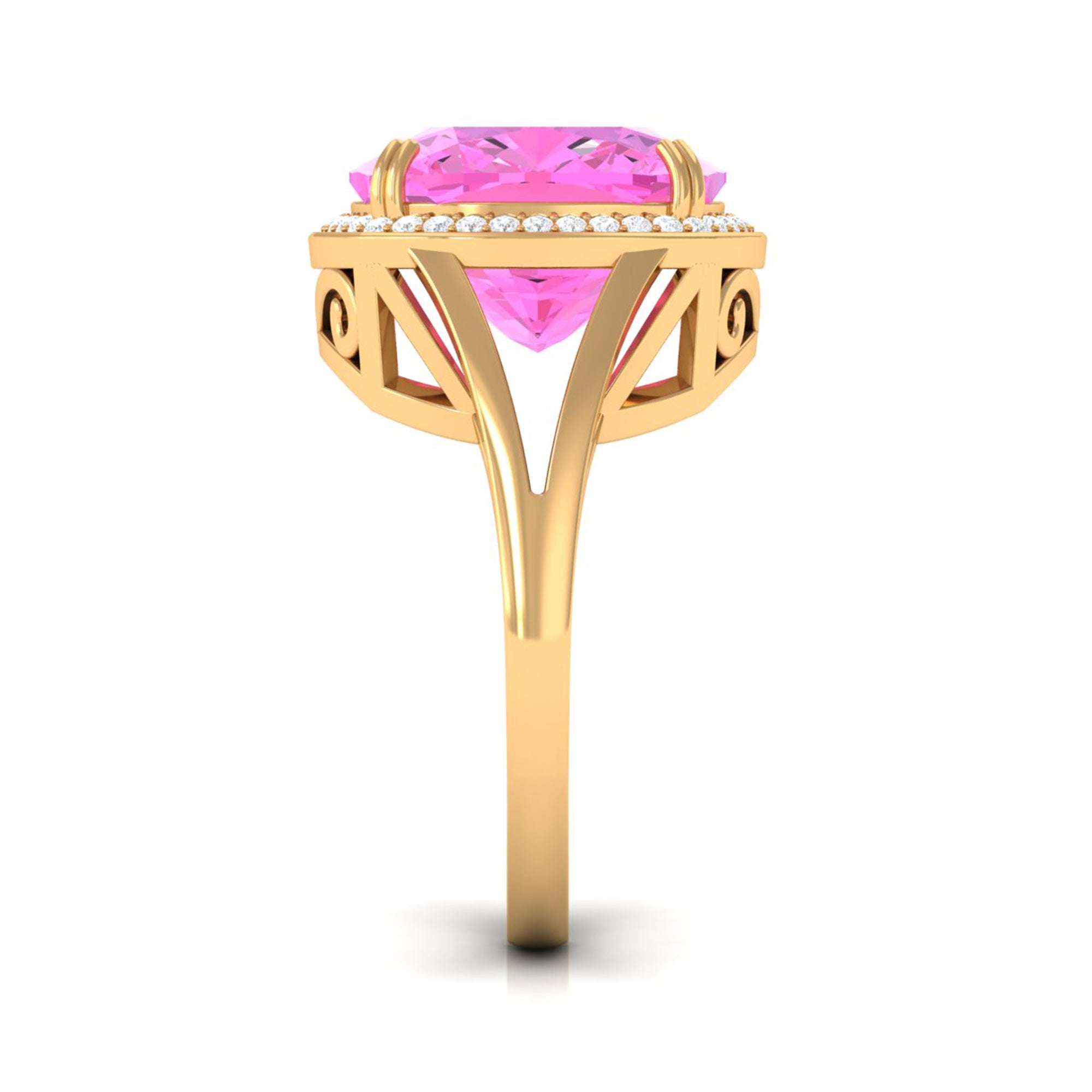 Rosec Jewels-Cushion Cut Created Pink Sapphire Halo Cocktail Ring with Diamond