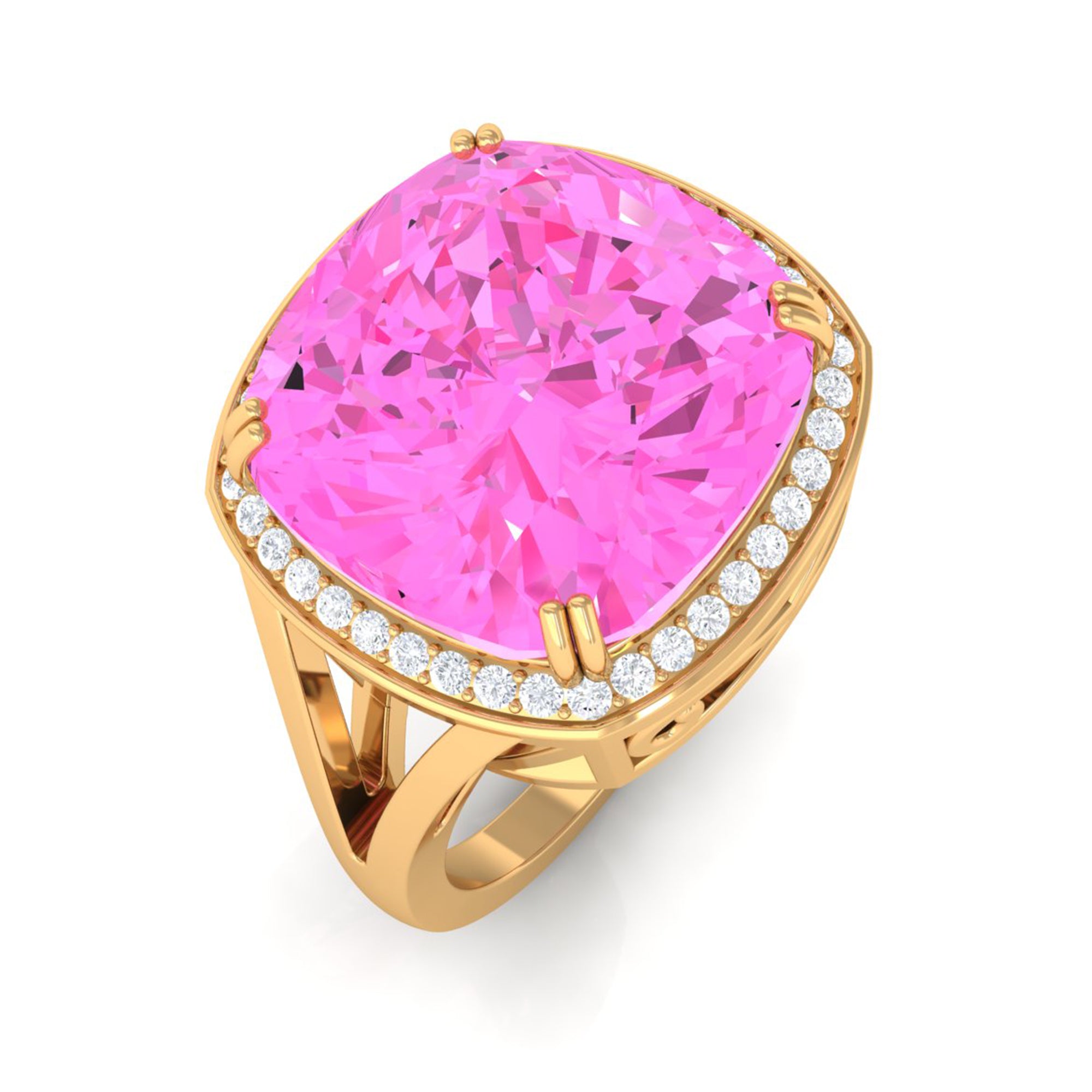 Rosec Jewels-Cushion Cut Created Pink Sapphire Halo Cocktail Ring with Diamond