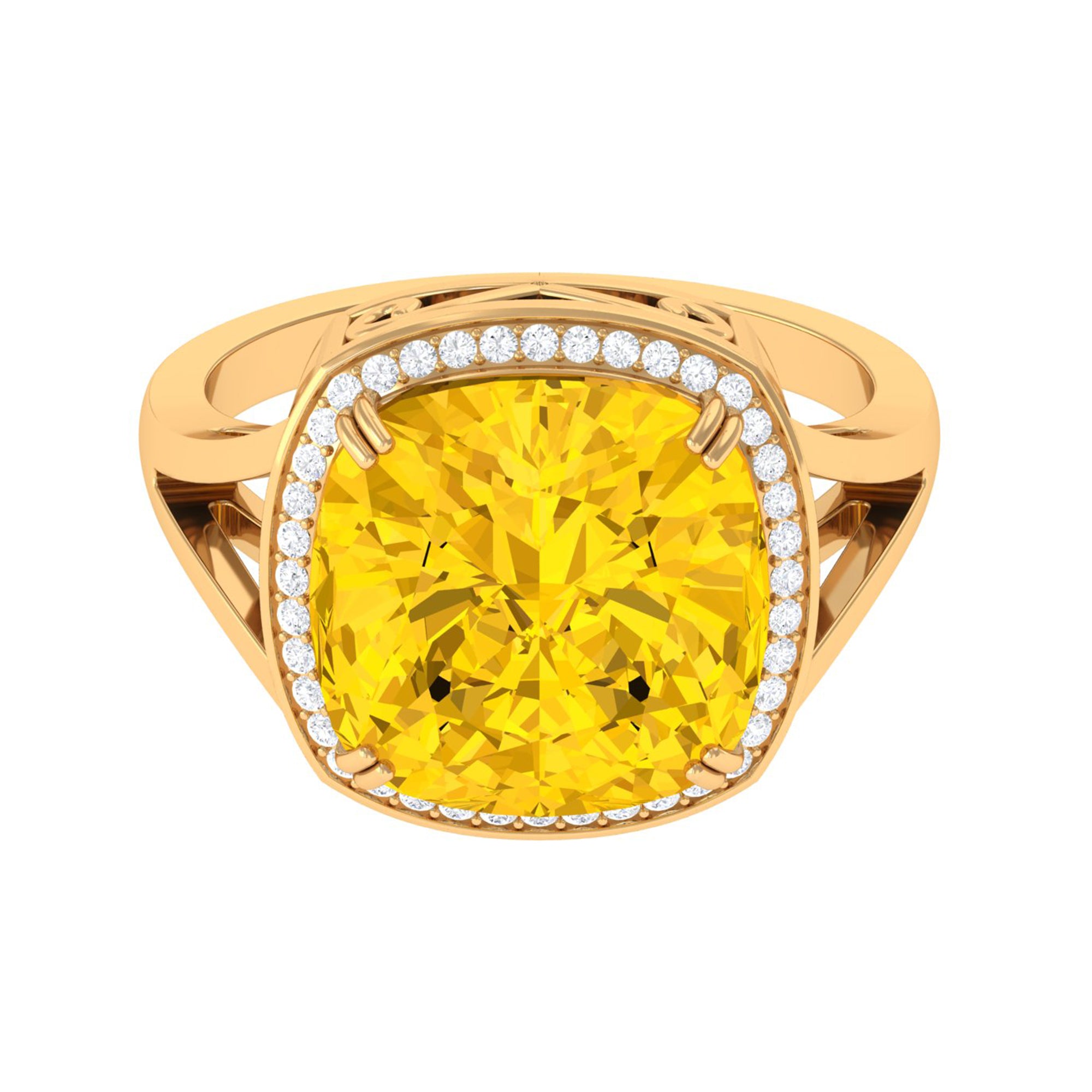 Rosec Jewels-Cushion Cut Lab Grown Yellow Sapphire Engagement Ring with Moissanite