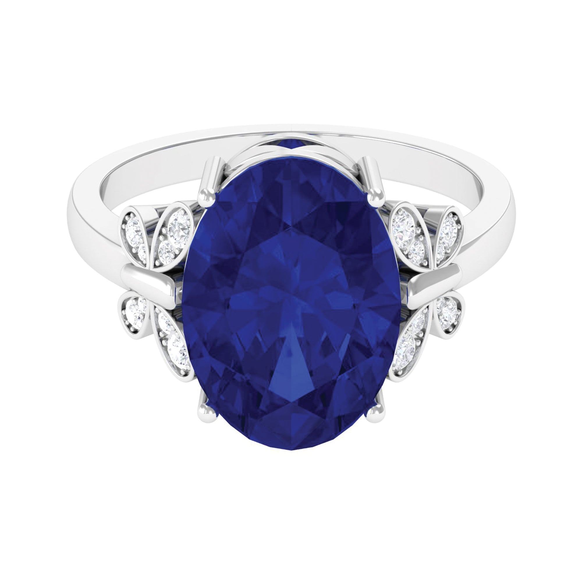 Rosec Jewels-Created Blue Sapphire Oval Engagement Ring with Diamond