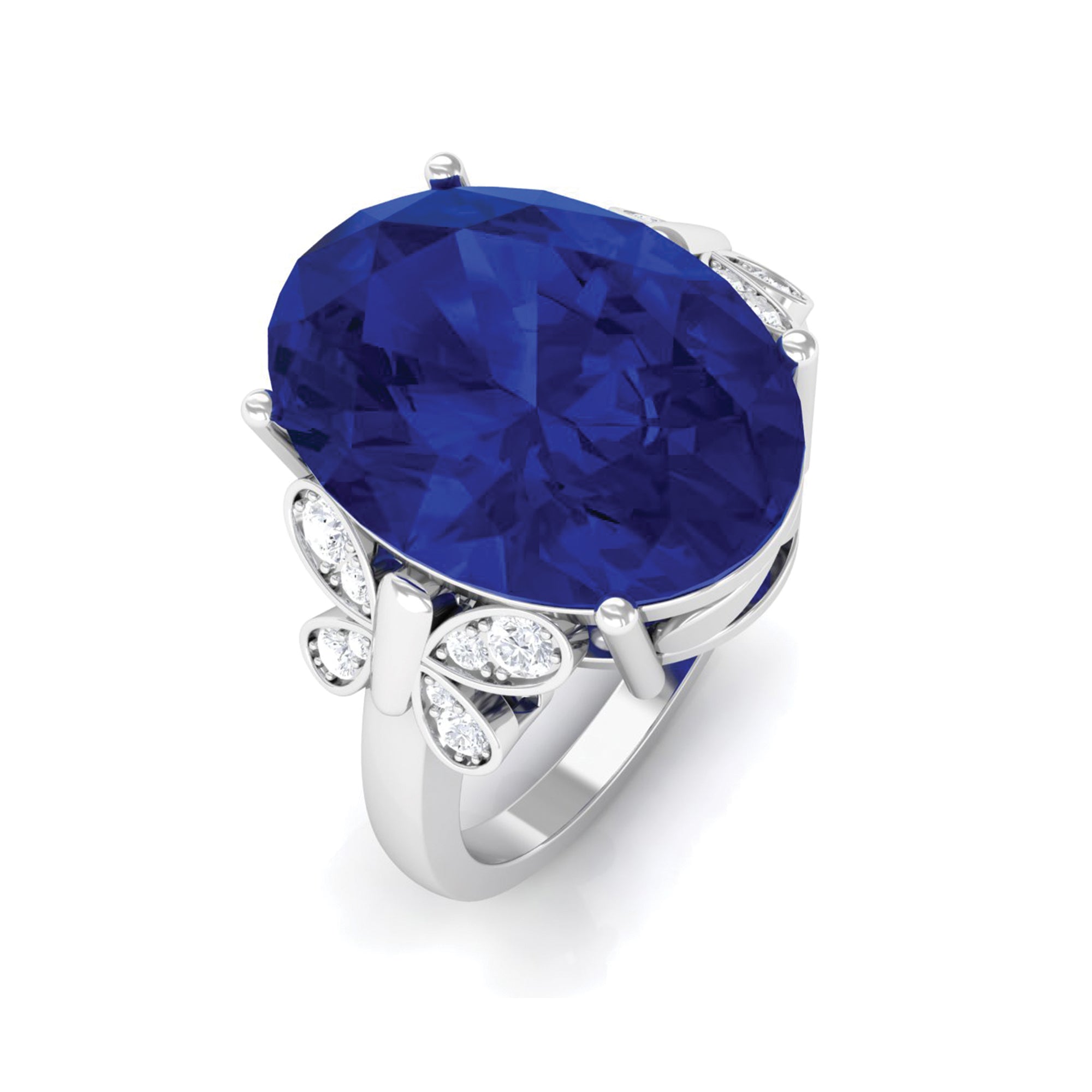 Rosec Jewels-Created Blue Sapphire Oval Engagement Ring with Diamond