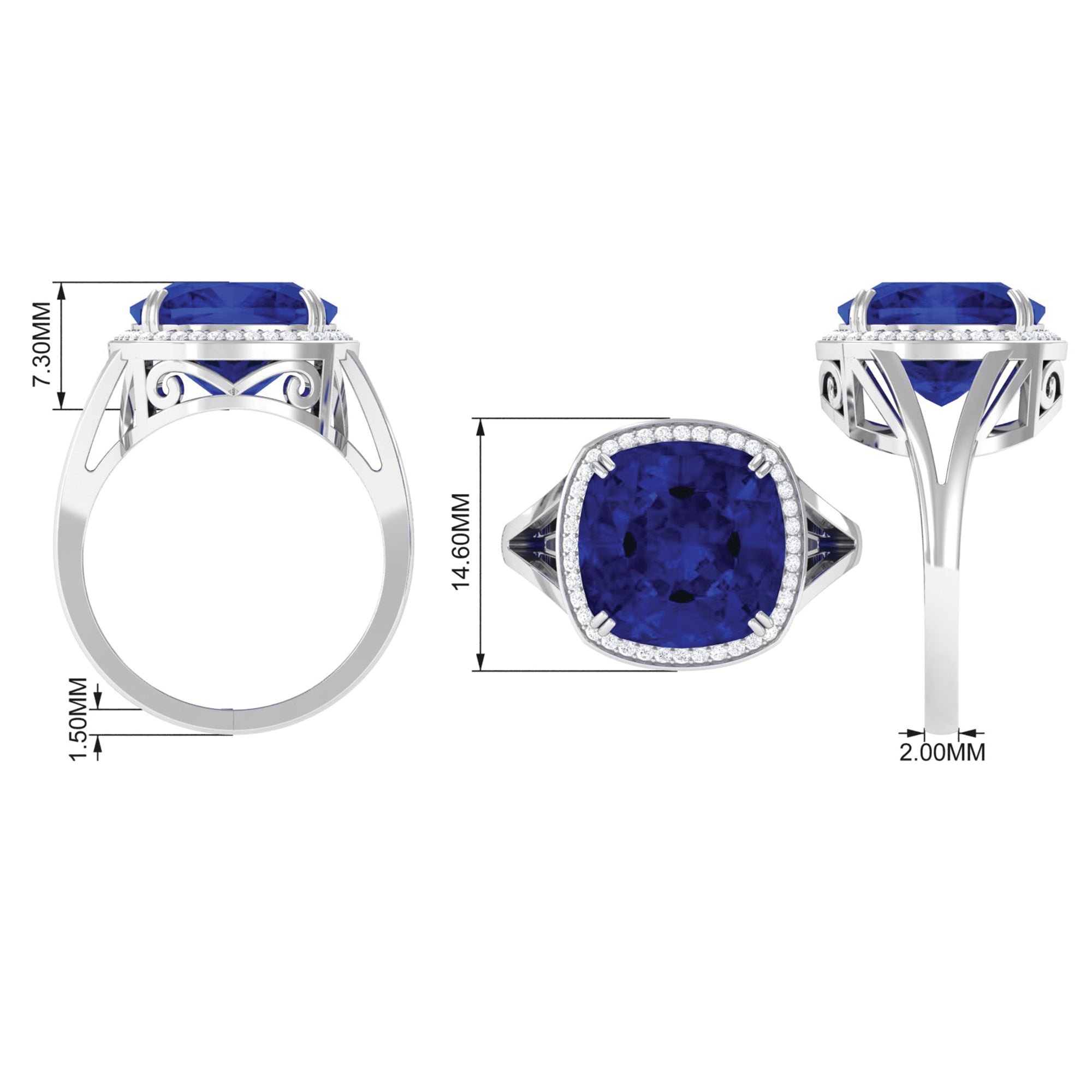 Rosec Jewels-Cushion Cut Lab Grown Blue Sapphire Engagement Ring with Diamond