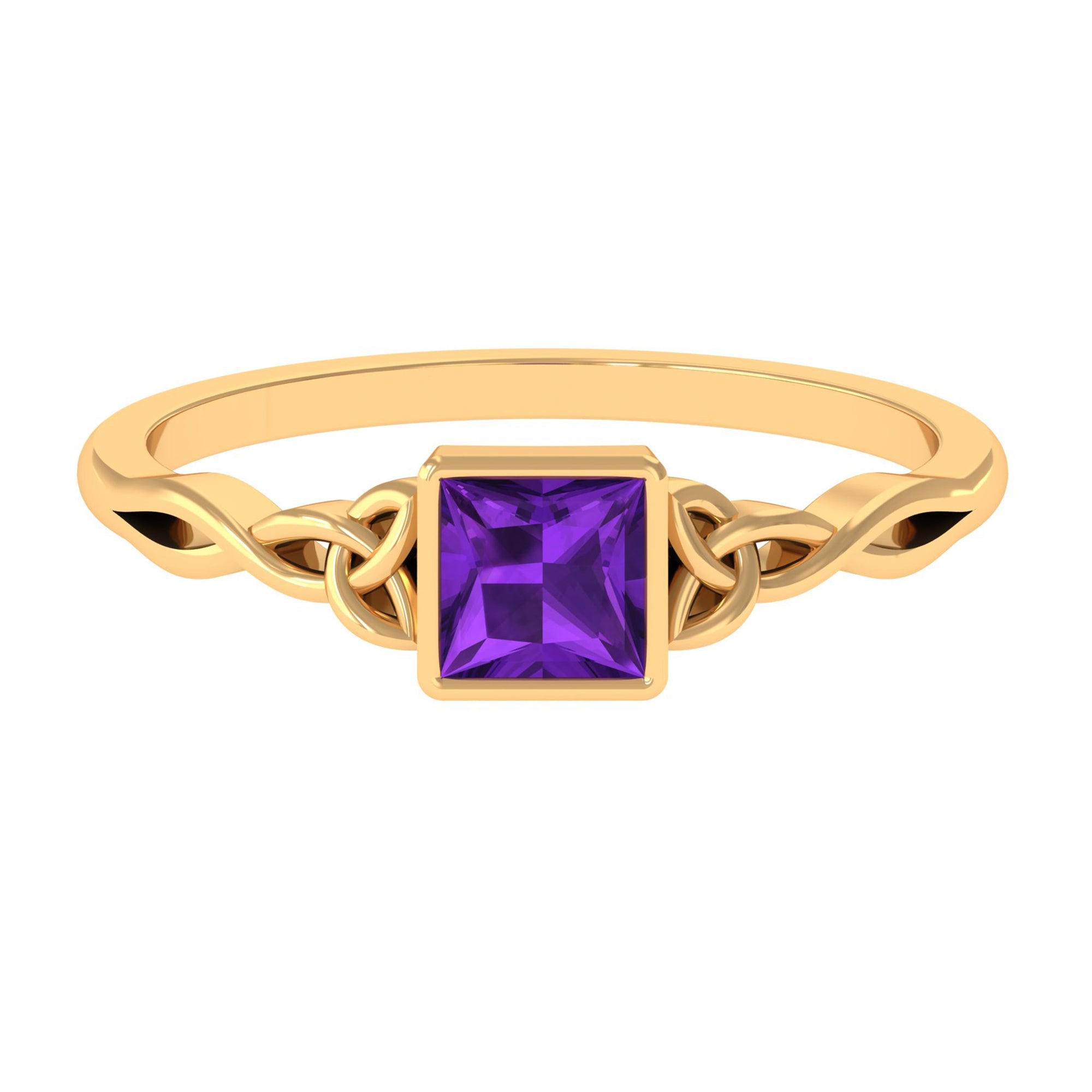 Rosec Jewels-Natural Amethyst Princess Cut Solitaire Celtic Ring in Bezel Setting