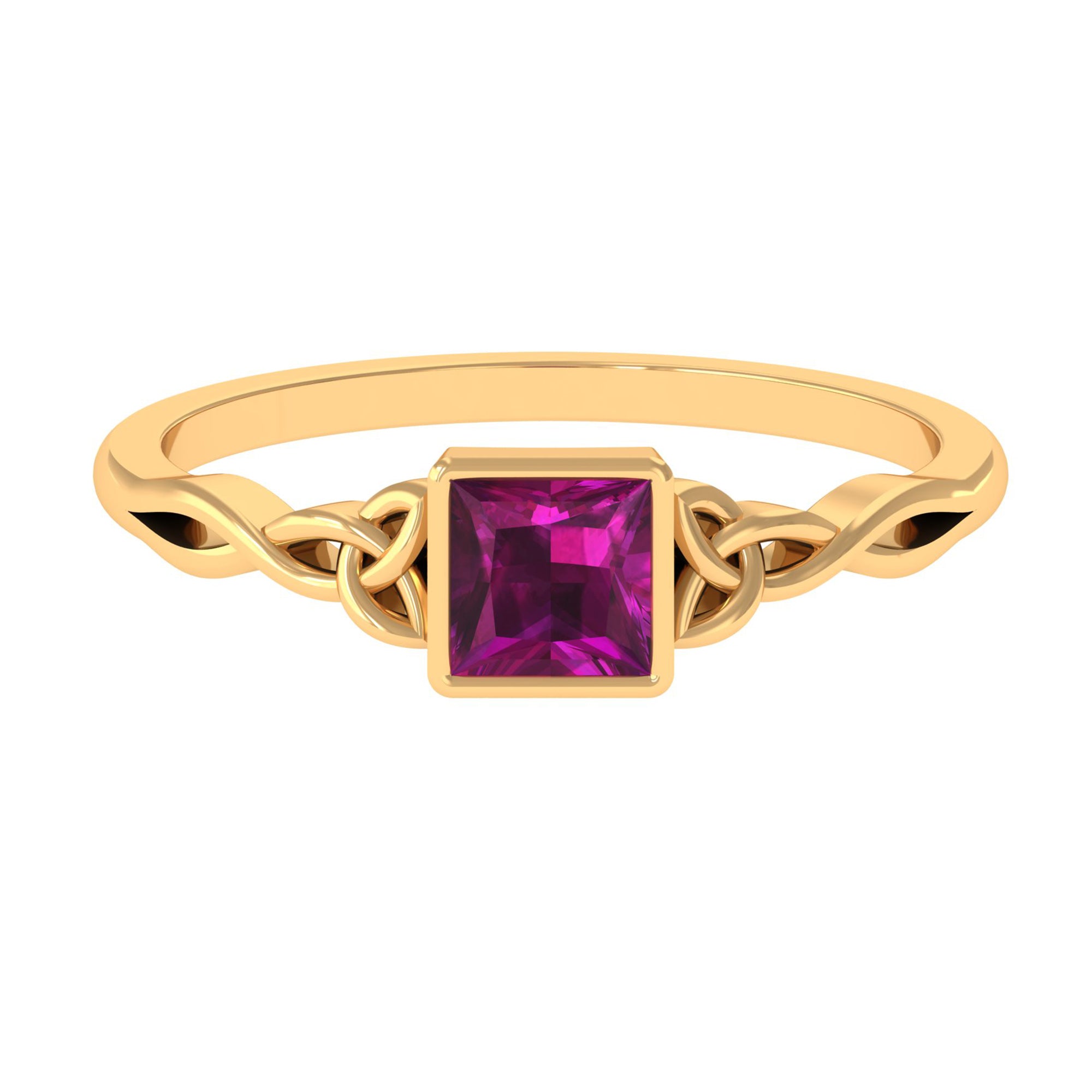 Rosec Jewels-Real Rhodolite Princess Cut Solitaire Celtic Ring in Bezel Setting