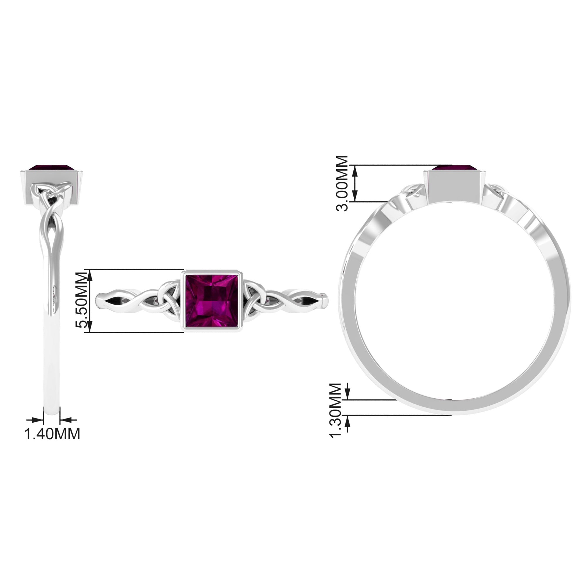 Rosec Jewels-Real Rhodolite Princess Cut Solitaire Celtic Ring in Bezel Setting