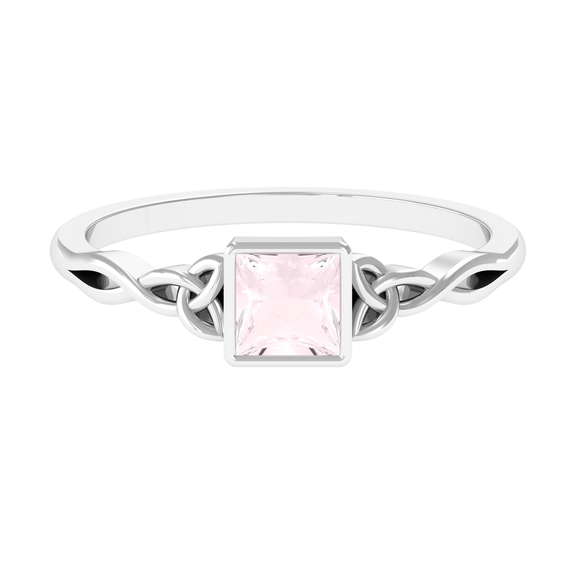 Rosec Jewels-5 MM Princess Cut Rose Quartz Solitaire Celtic Ring in Bezel Setting