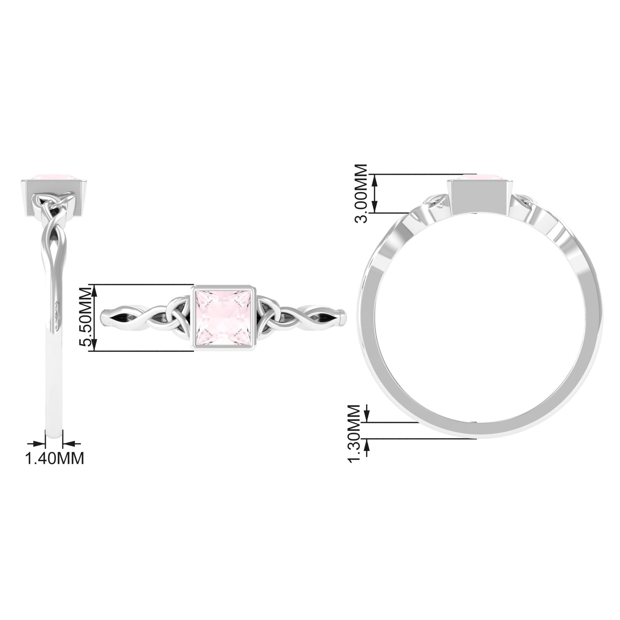 Rosec Jewels-5 MM Princess Cut Rose Quartz Solitaire Celtic Ring in Bezel Setting